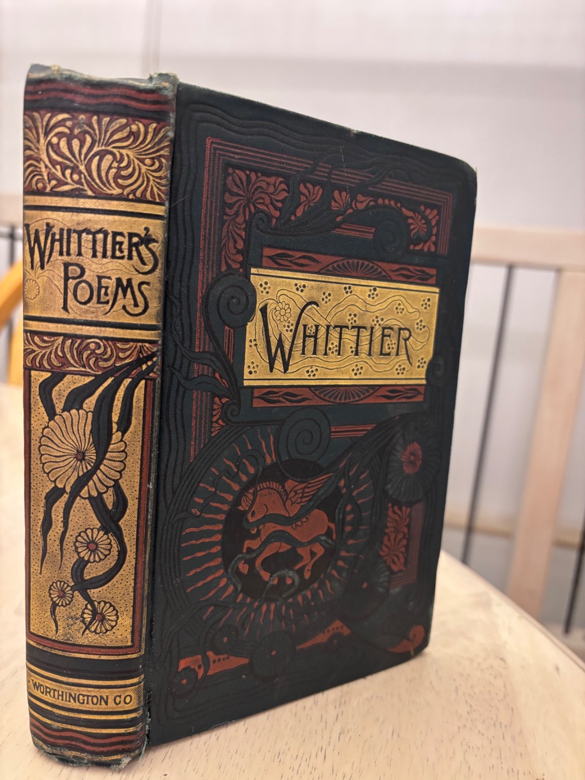 c1800s Poems by John Greenleaf Whittier Antique Decorative Victorian Poetry Book