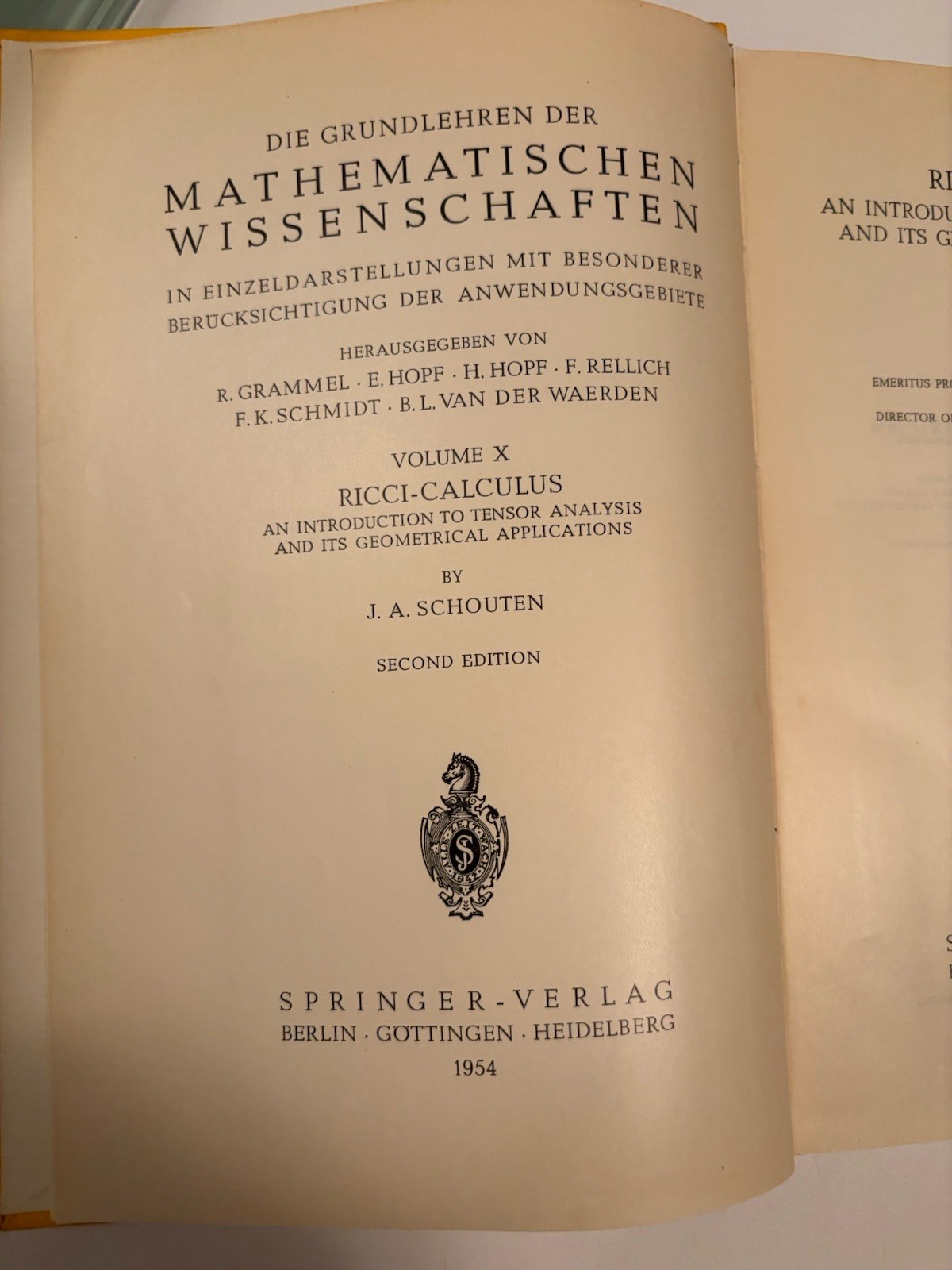 Ricci-Calculus 2nd Edition Hardcover 1954 Vintage Springer-Verlag J. A. Schouten