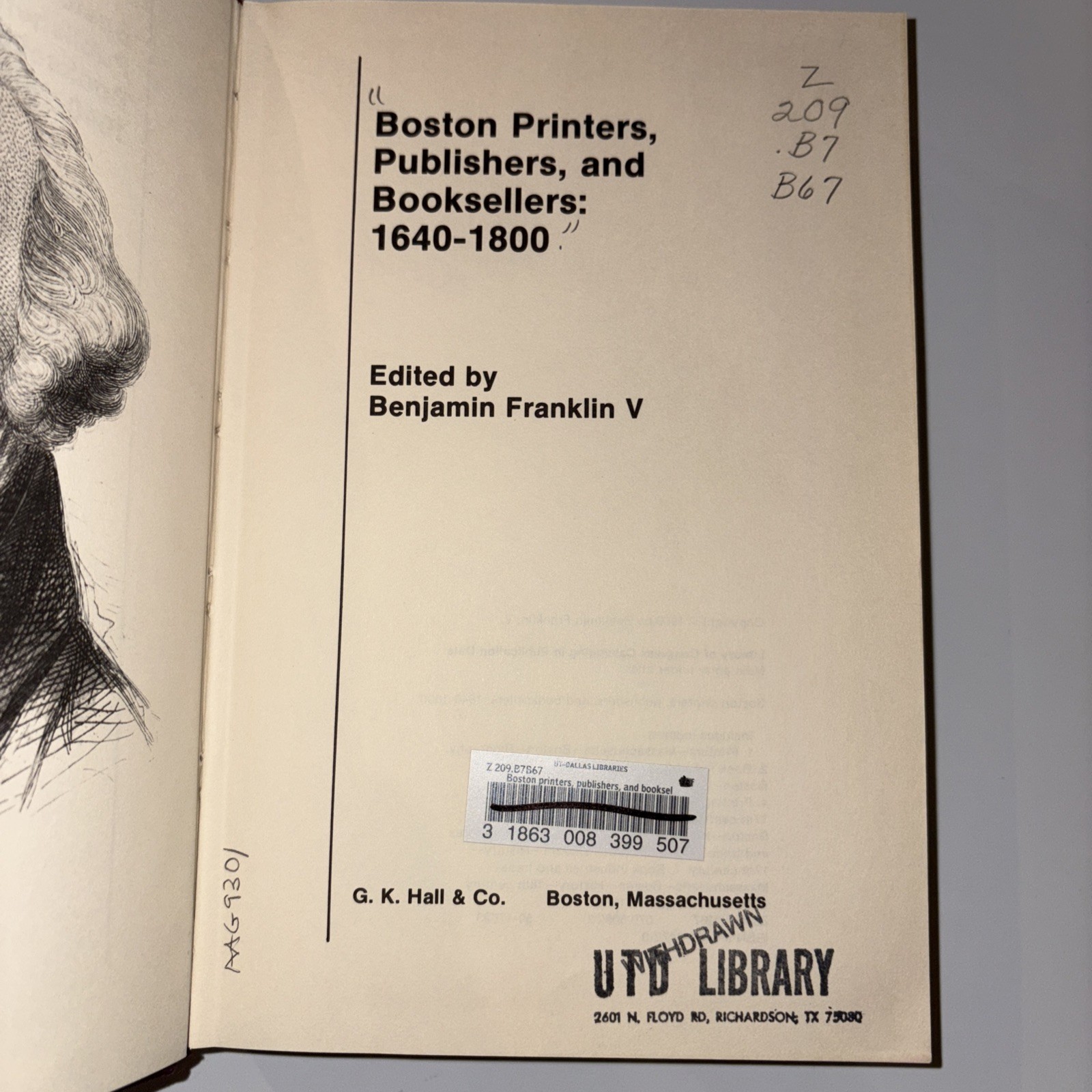BENJAMIN V FRANKLIN / Boston printers publishers and booksellers 1640-1800