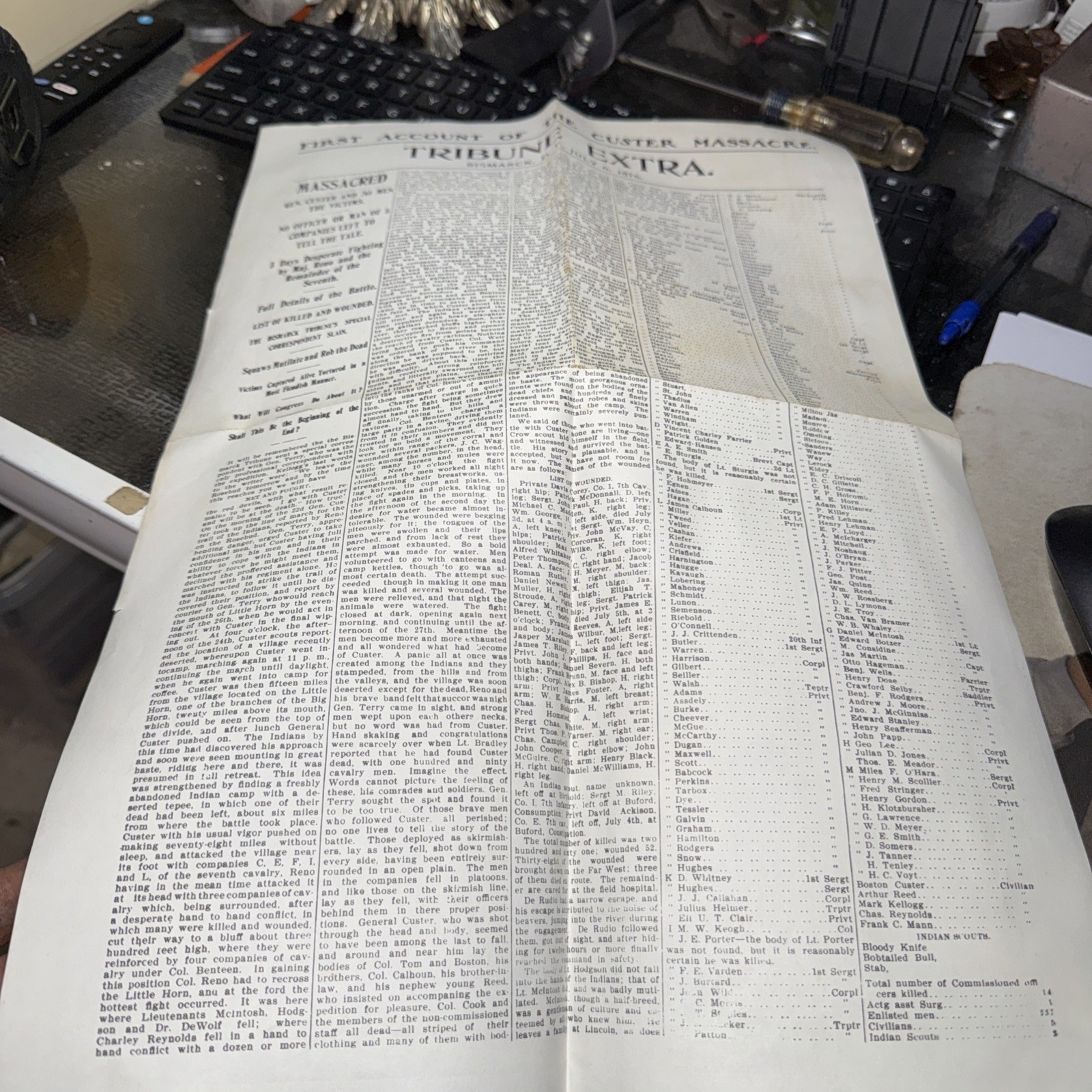 Reproduction Of The July 6 1876 Tribune Extra- First Account of Custer Massacre