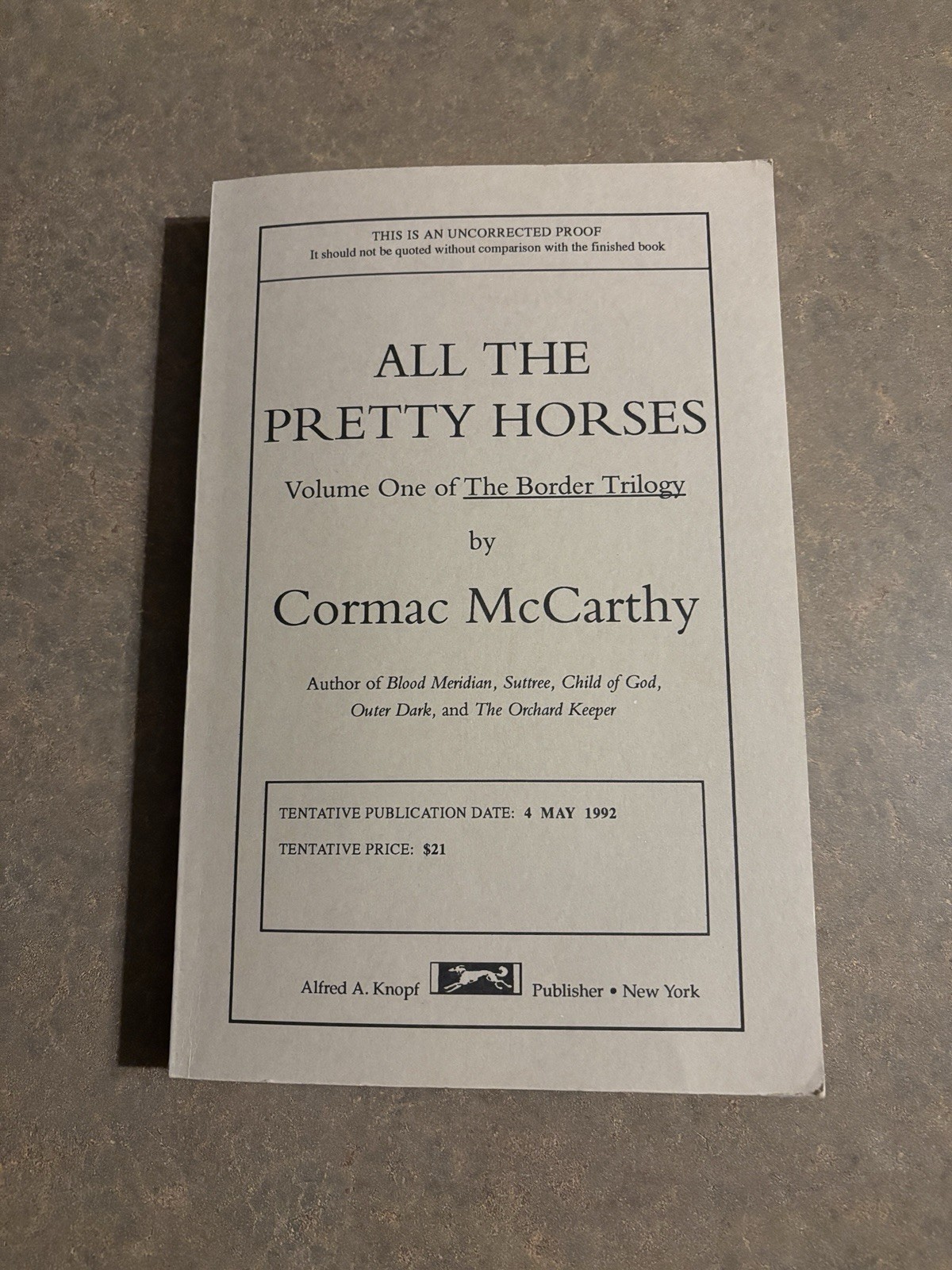 Cormac McCarthy All The Pretty Horses Rare Uncorrected Proof Advance 1992