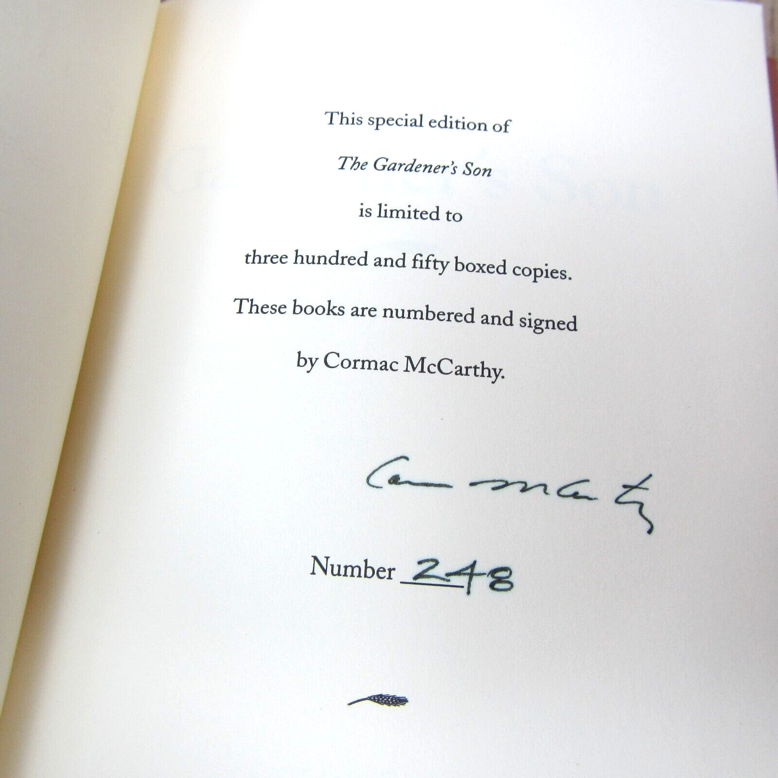 THE GARDENER’S SON CORMAC MCCARTHY SIGNED LIMITED EDITION BOOK ECCO PRESS 350