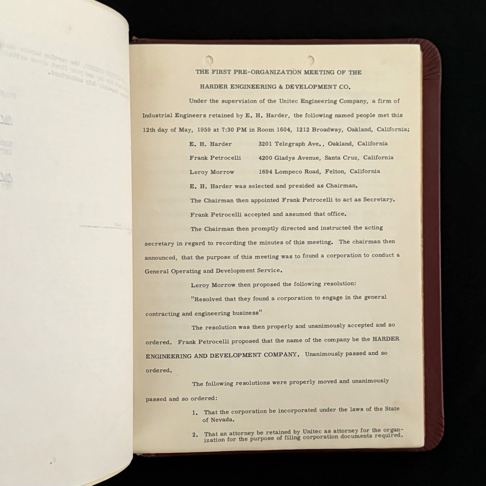1959. Harder Engineering Minute Book, Nevada Corporation Oakland California Rare