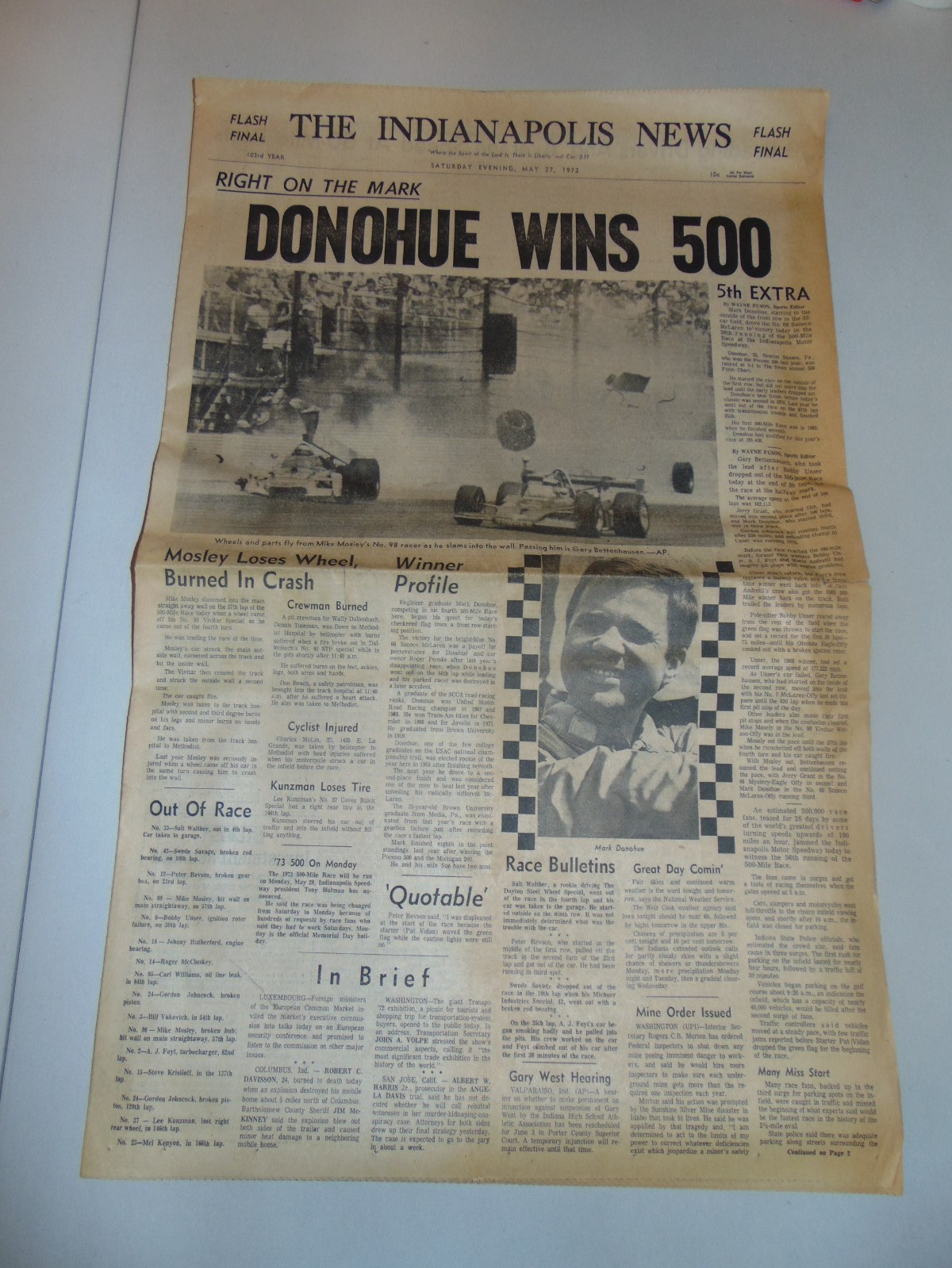 MAY 27, 1972 „THE INDIANAPOLIS NEWS“ NEWSPAPER: MARK DONOHUE WINS INDY 500