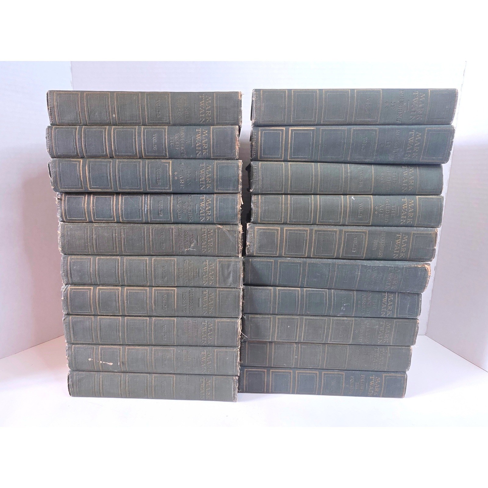 Mark Twain Authorized Uniform Edition Antique 20 Book Set Green Cloth Gilt Spine