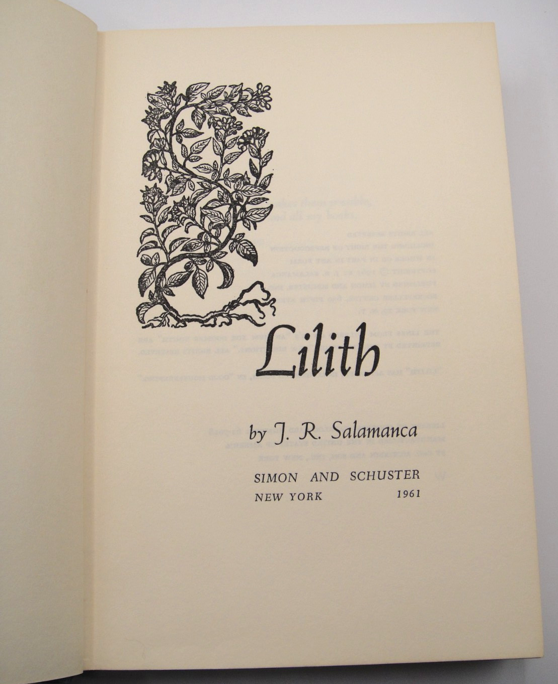 Lilith by J. R. Salamanca 1961 1st Ed. 1st Printing Hardcover Simon & Schuster