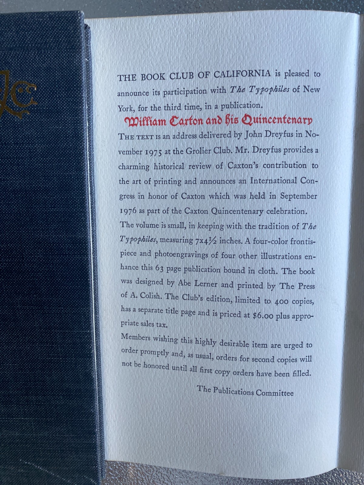 WILLIAM CAXTON & HIS QUINCENTENARY by John Dreyfus 1976 Typophile Chapbook 51