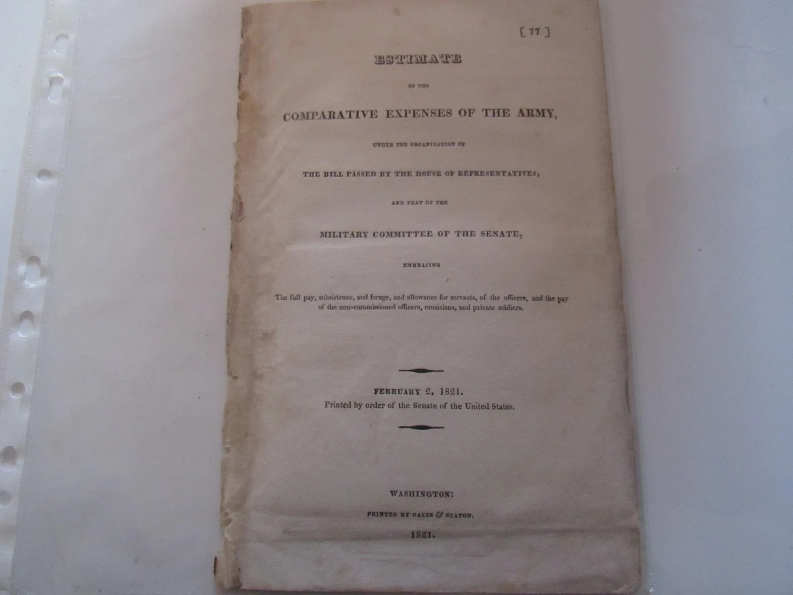 Estimate of the Comparative Expenses of the Army Feb 2 1821