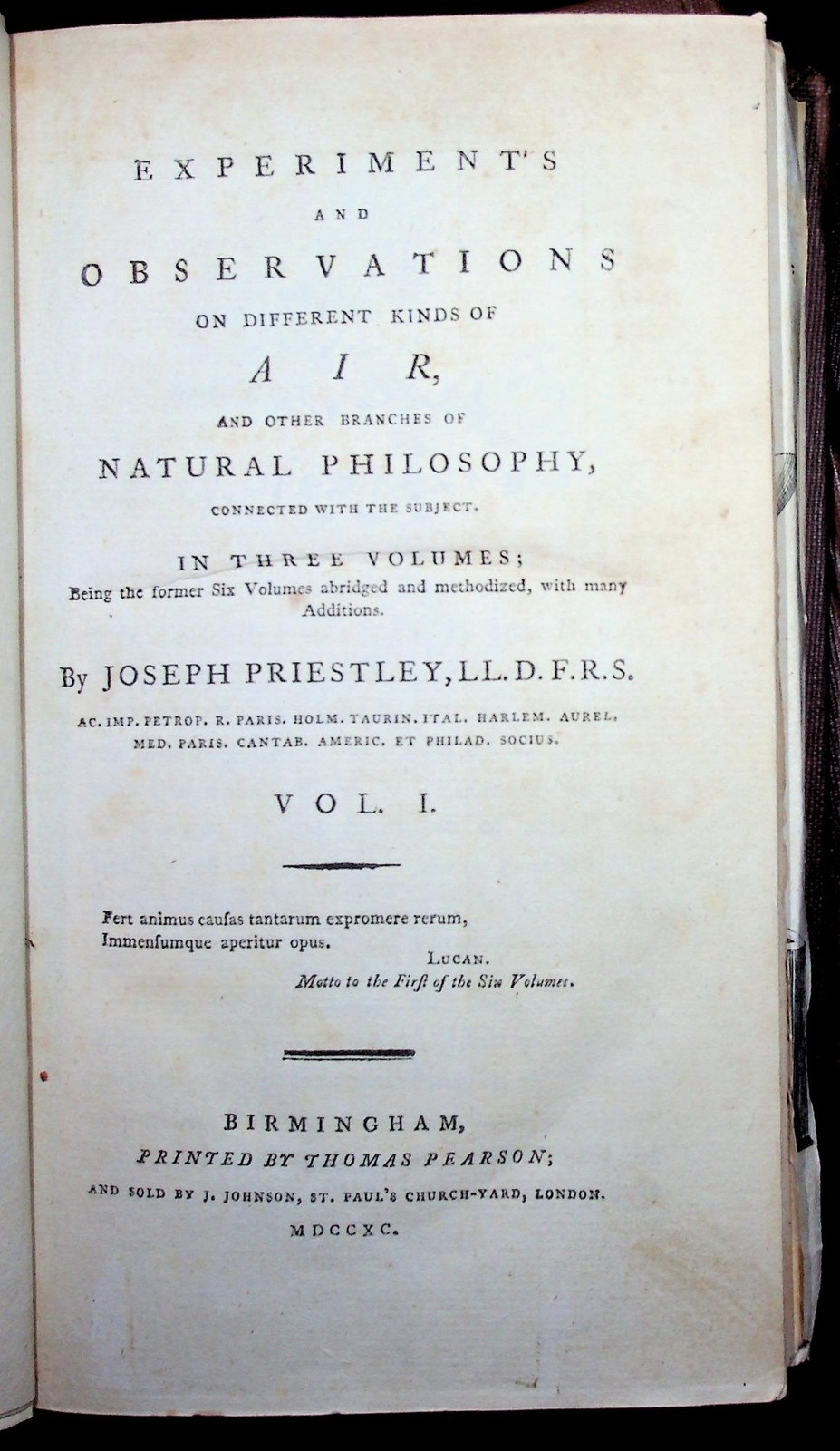 F R S Joseph Priestley L L D. / 3 vols Experiments and Observations 1st ed 1790