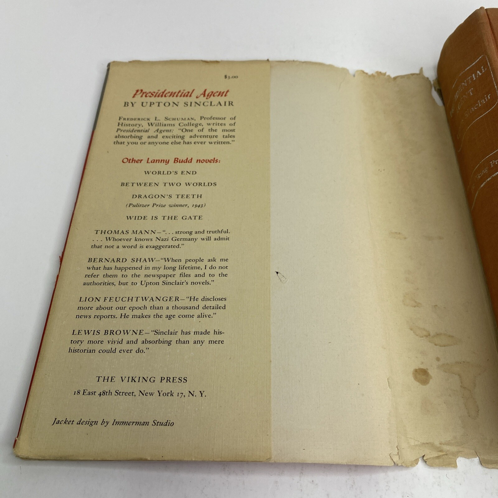 Upton Sinclair Presidential Agent 1st 1944 Viking Press Hardcover Dust Jacket