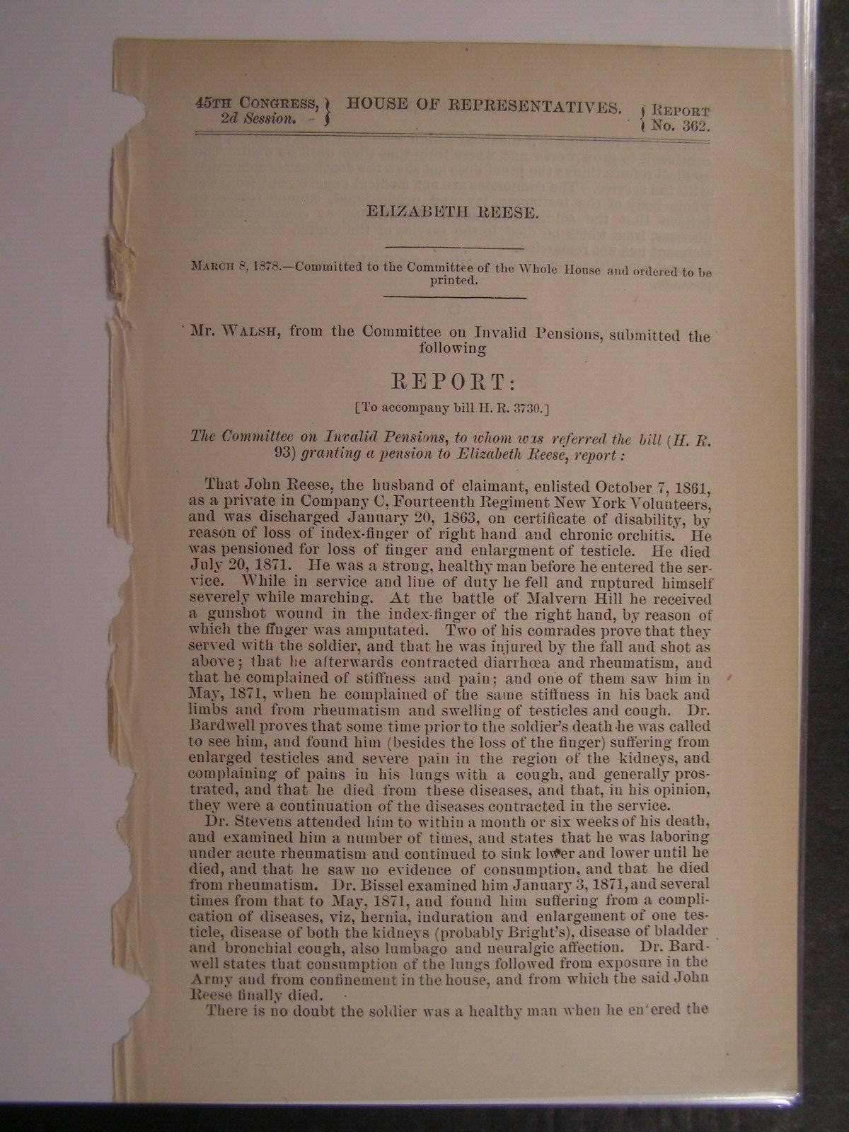 Government Report 1878 John Reese Private 14th Reg NY Vol Civil War Pension