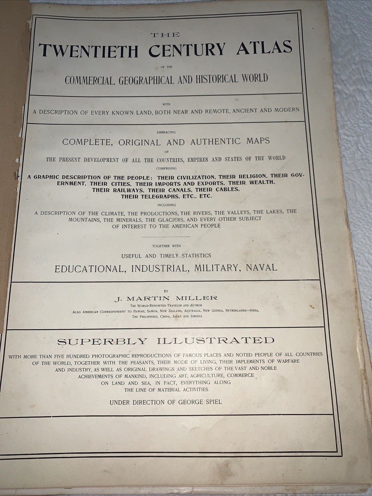 1899 20TH CENTURY ATLAS Commercial Geographical Historical World MARTIN MILLER