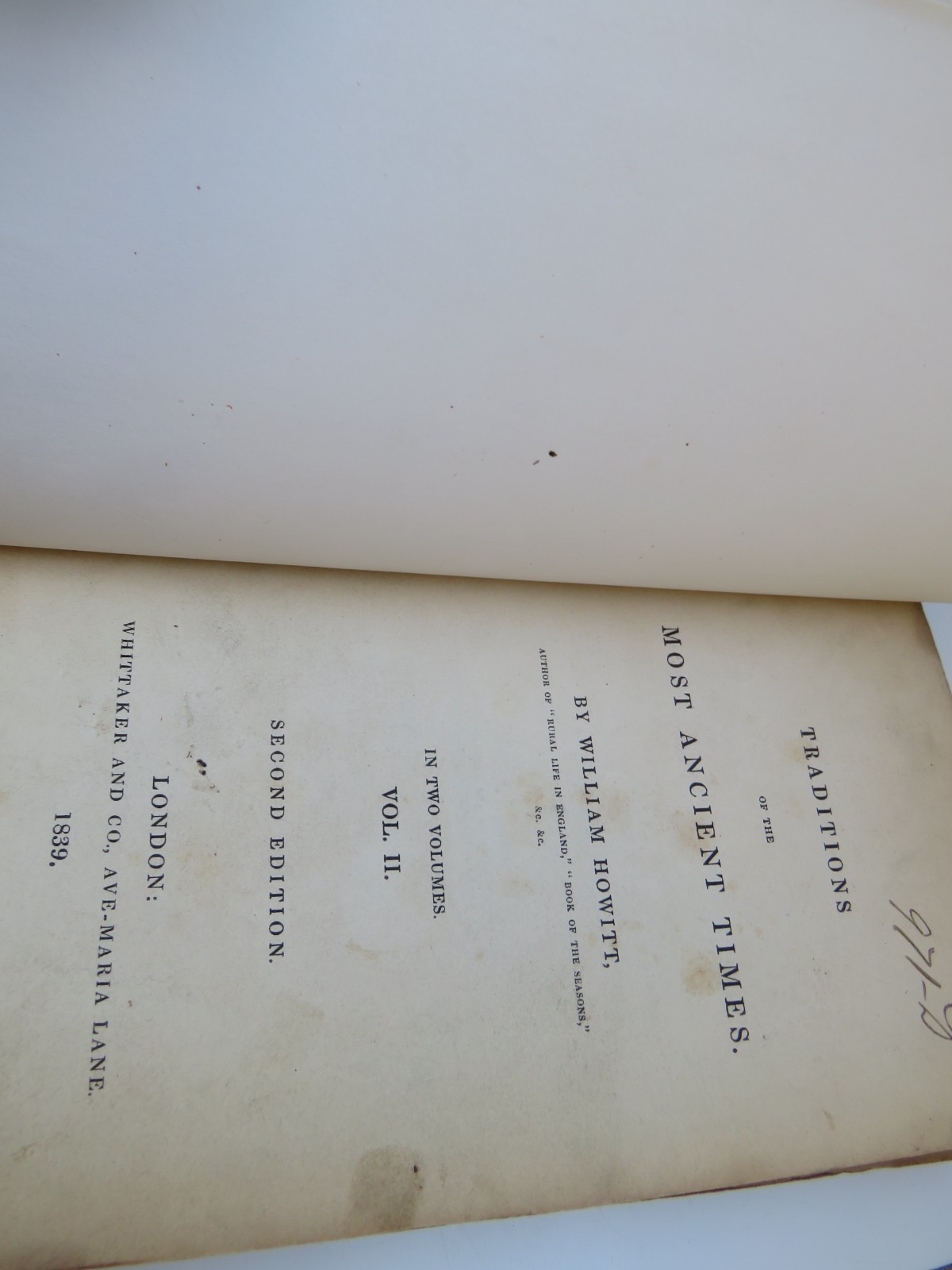Traditions Of the Most Ancient Times By William Howitt In 2 Volumes 1839