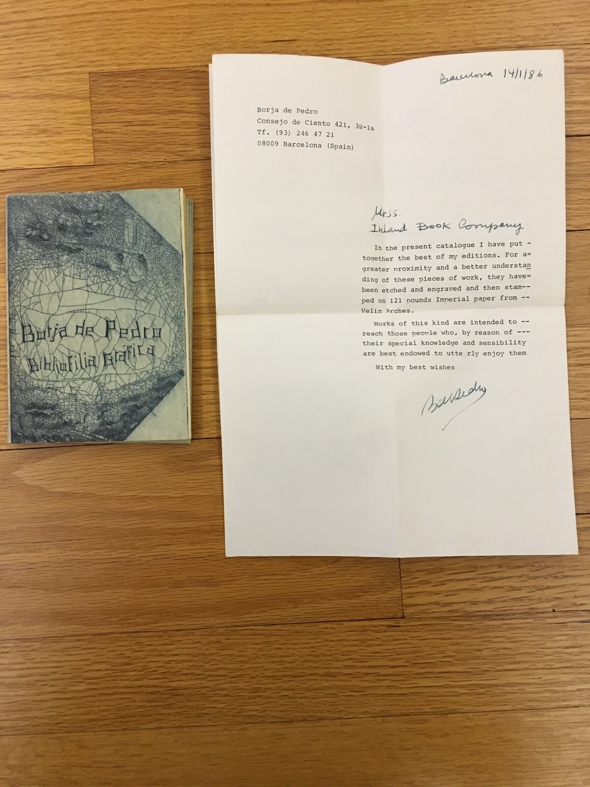 Borja de Pedro : Bibliofilia Grafica ~ With Typed Letter SIGNED ~ RARE