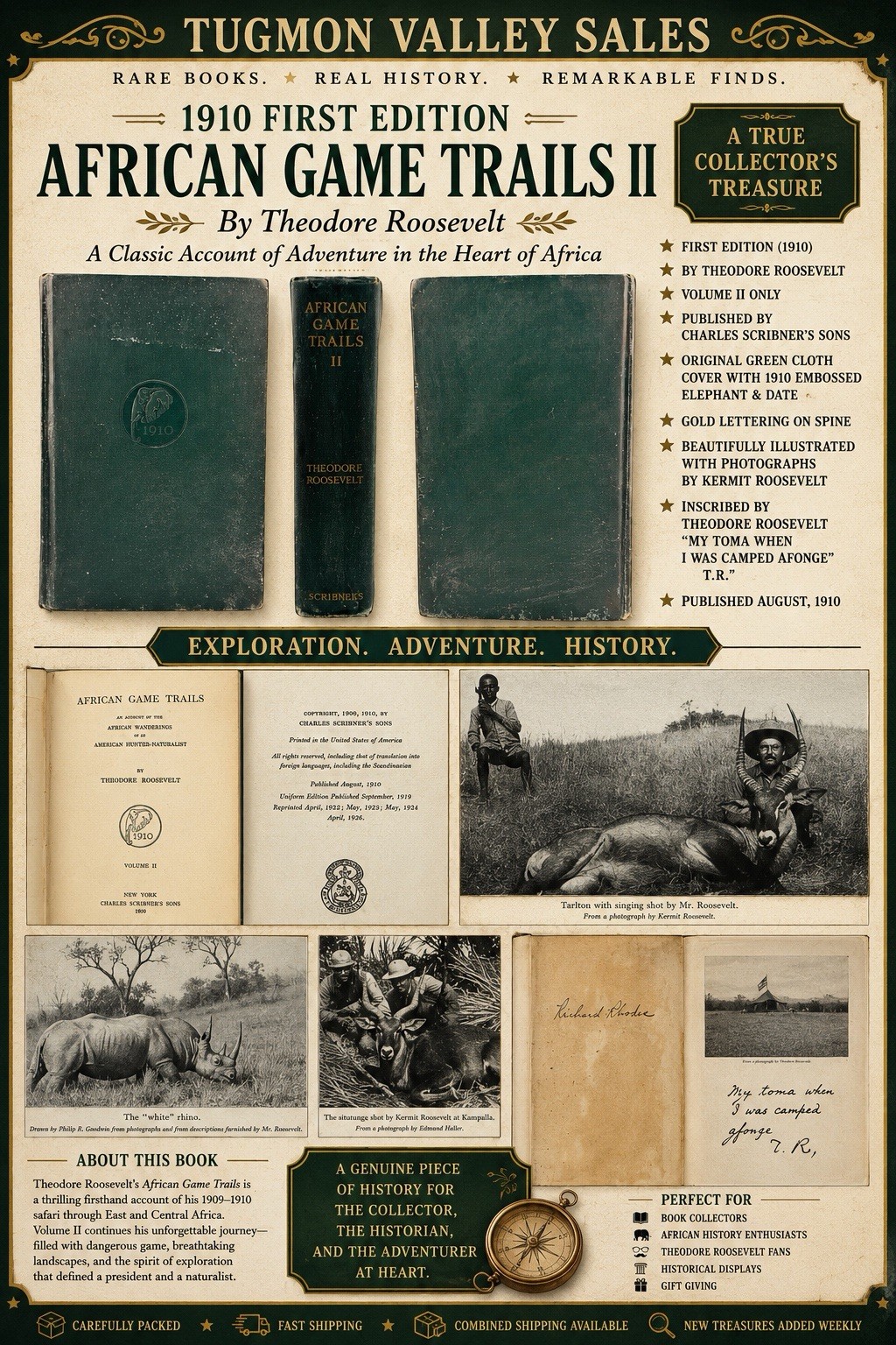 1926 African Game Trails Vol II Theodore Roosevelt HC Scribner Hunting Safari