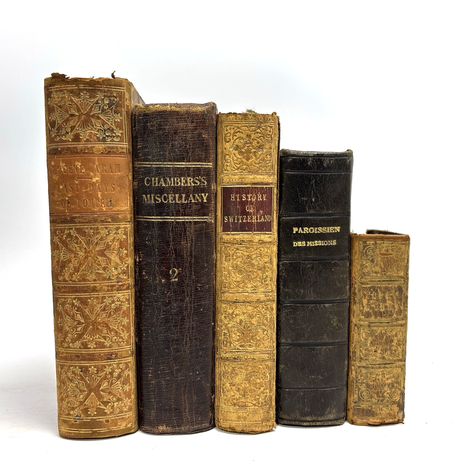 Distressed Old Books with Leather Spines for Decoration. 19cm shelf space.