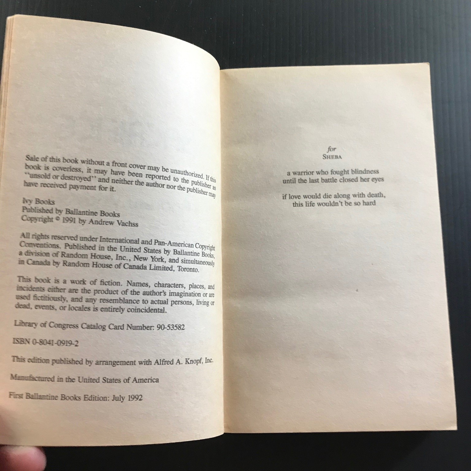 Sacrifice Andrew Vachss First Ballantine Edition 1992 Crime Thriller Novel