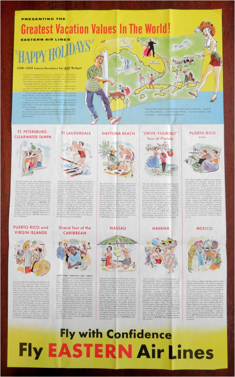 Miami Beach Florida Eastern Air Lines Vacation Packages c. 1950 pictorial map