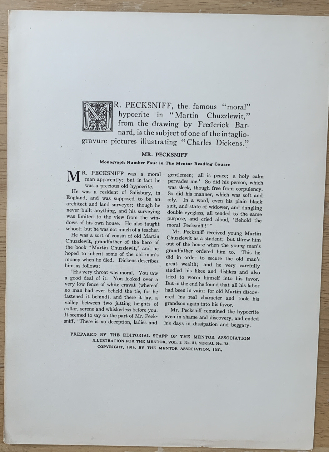 “Mr Pecksniff” By Frederick Barnard Mentor Gravures December 1914 Print