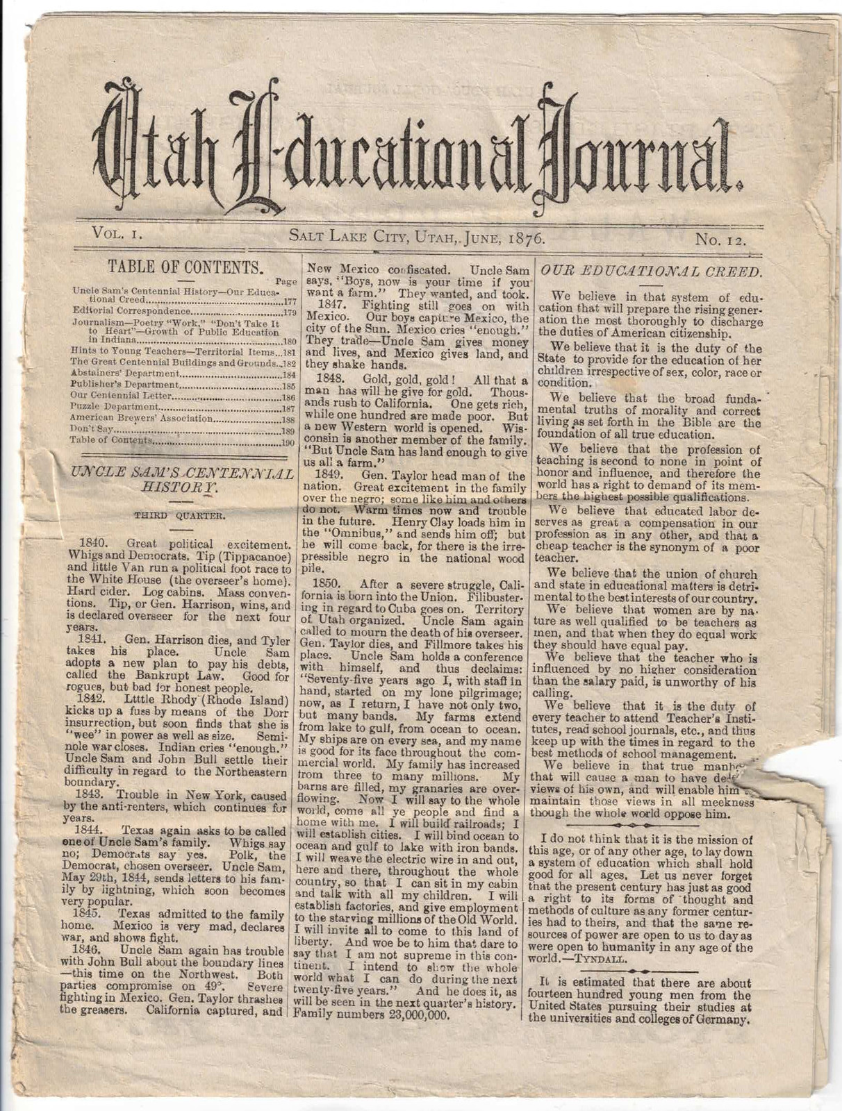 Utah Educational Journal Volume I Number 12 Salt Lake City Utah June 1876