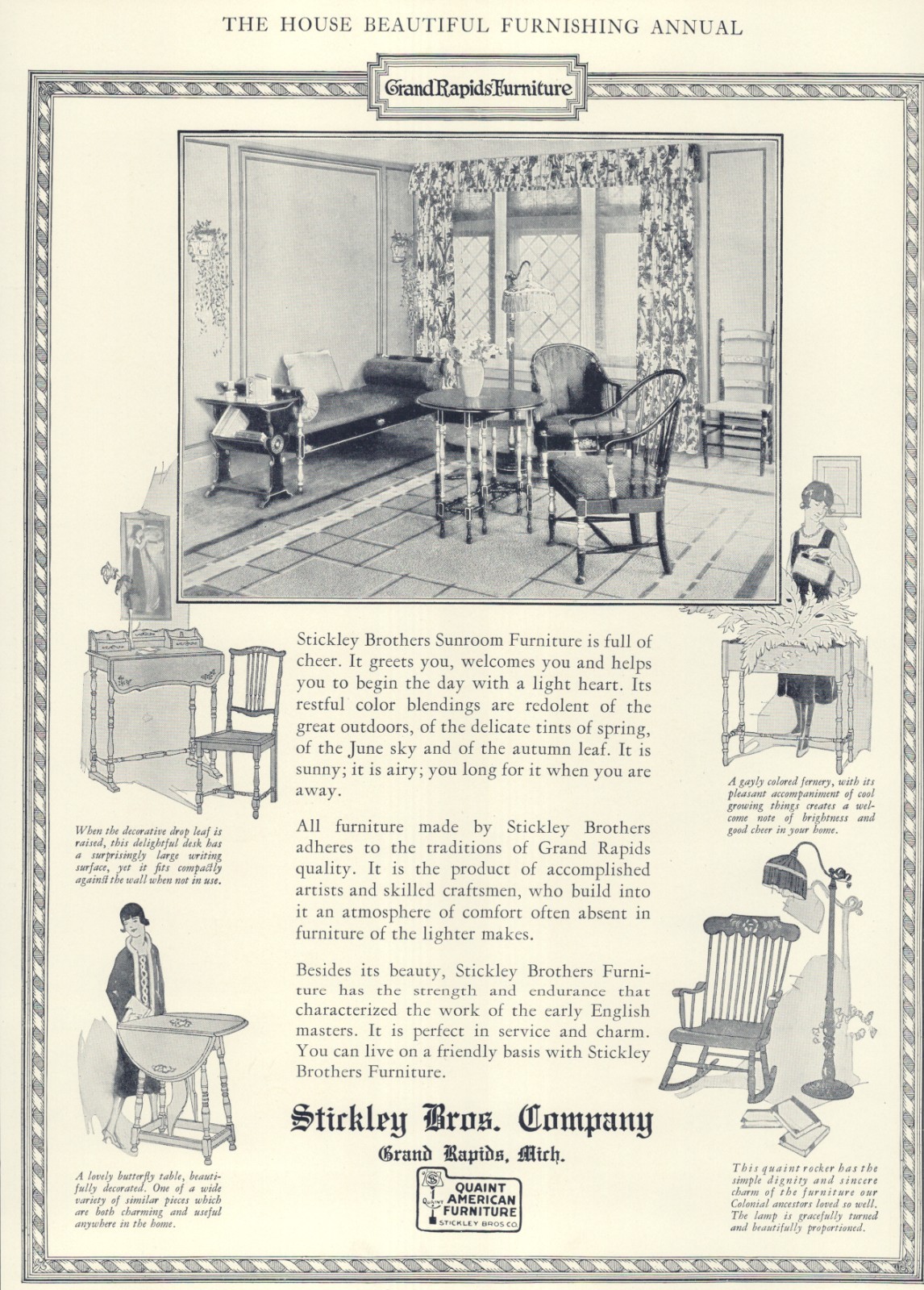 1926 Ad Stickley Bros Brothers Furniture Company Quaint American Grand Rapids MI