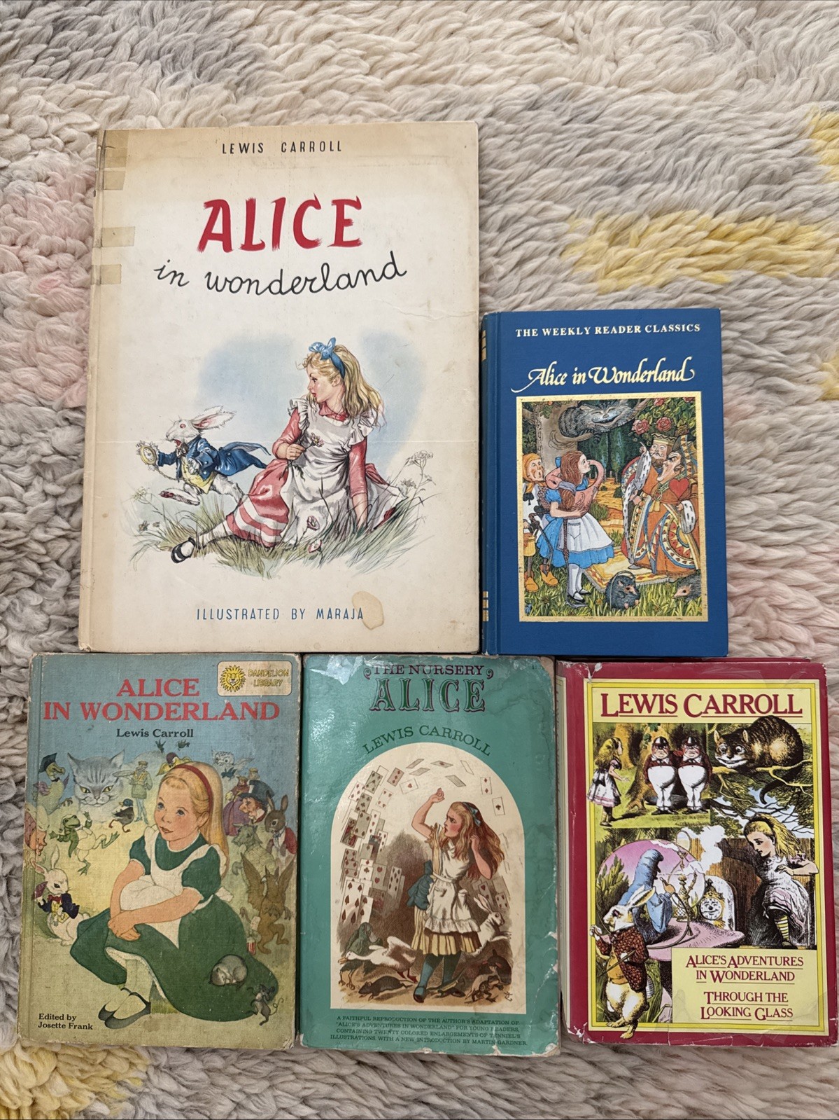 5 Mixed Lot Alice in Wonderland Illustrated by Maraja Vintage Book Rare