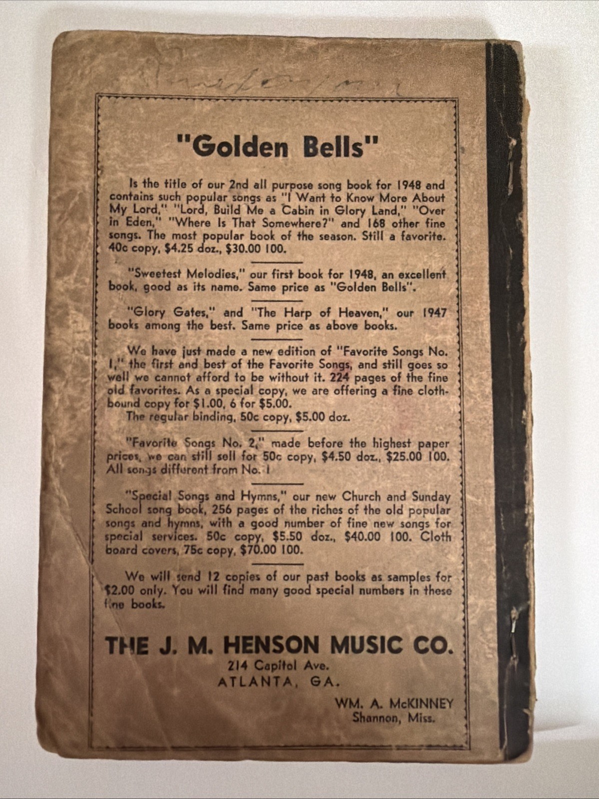 A Garden of Song Hymnal Songbook J. M. Henson Music Co. Atlanta GA 1949 Vintage