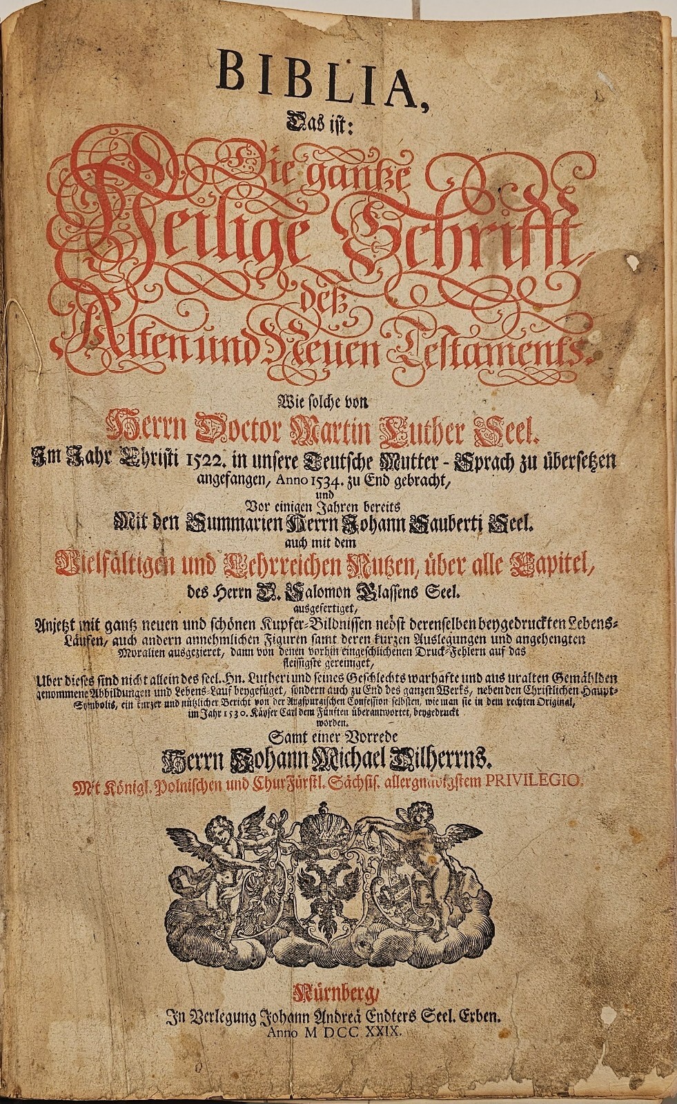1729 Endter-Dilherr Luther Bible. Good condition.