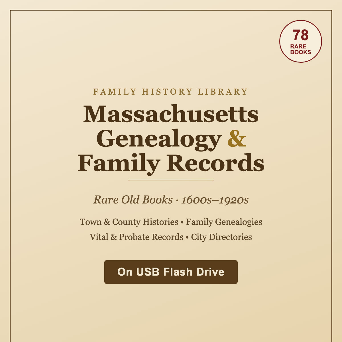 Massachusetts Genealogy 78 Rare Books Town History Family Records on USB