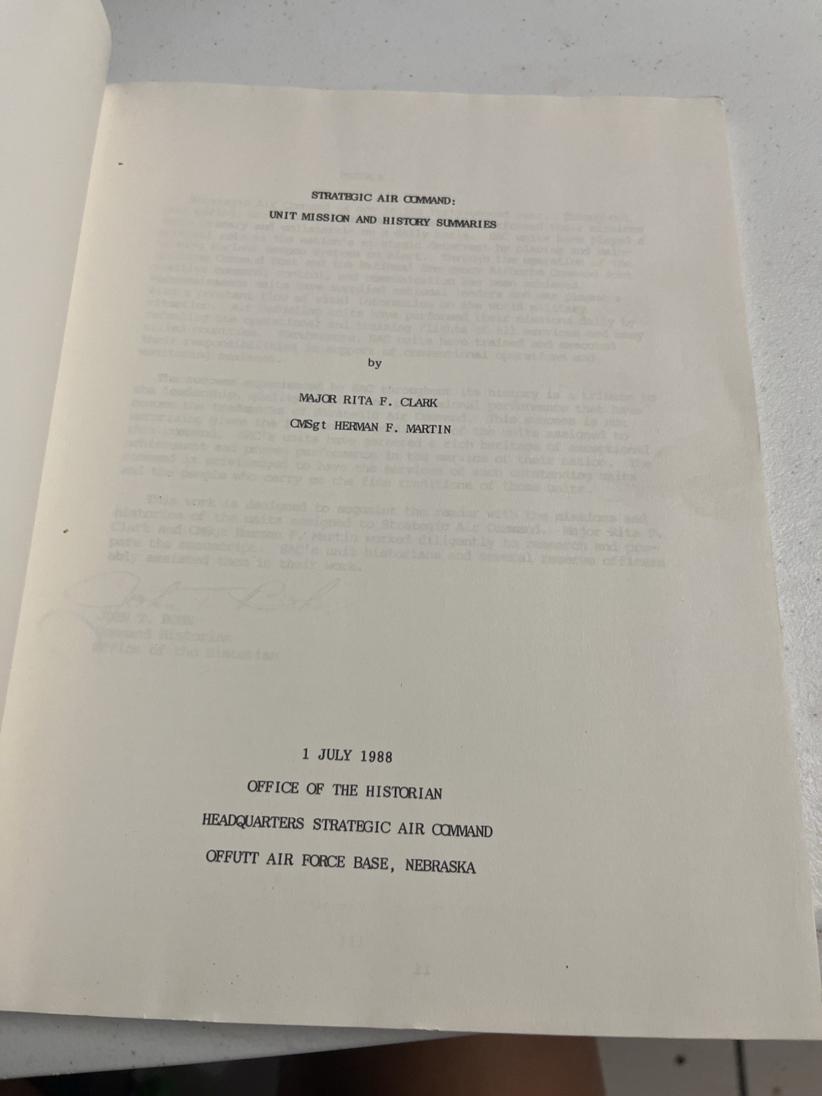 Strategic Air Command Unit Mission & History Summaries 1988 SAC USAF