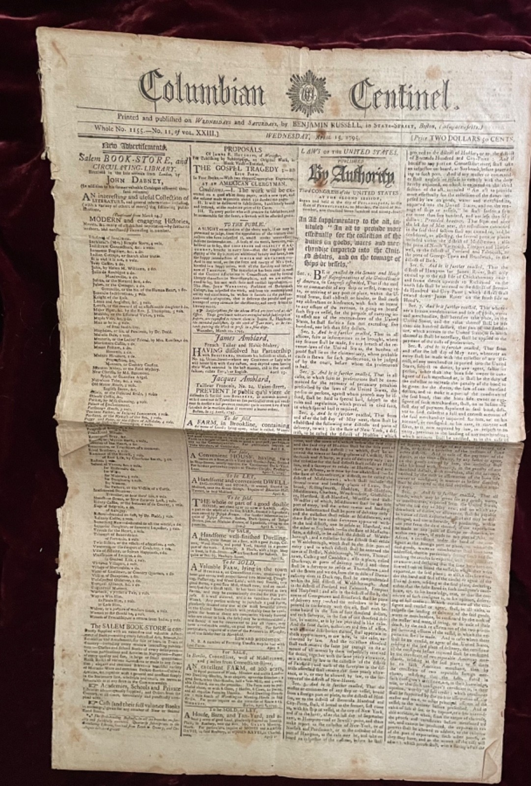 1795 COLUMBIAN CENTINEL ~ SLAVE TRADE REMAKING BOSTON JAY TREATY INDIAN TRIBES