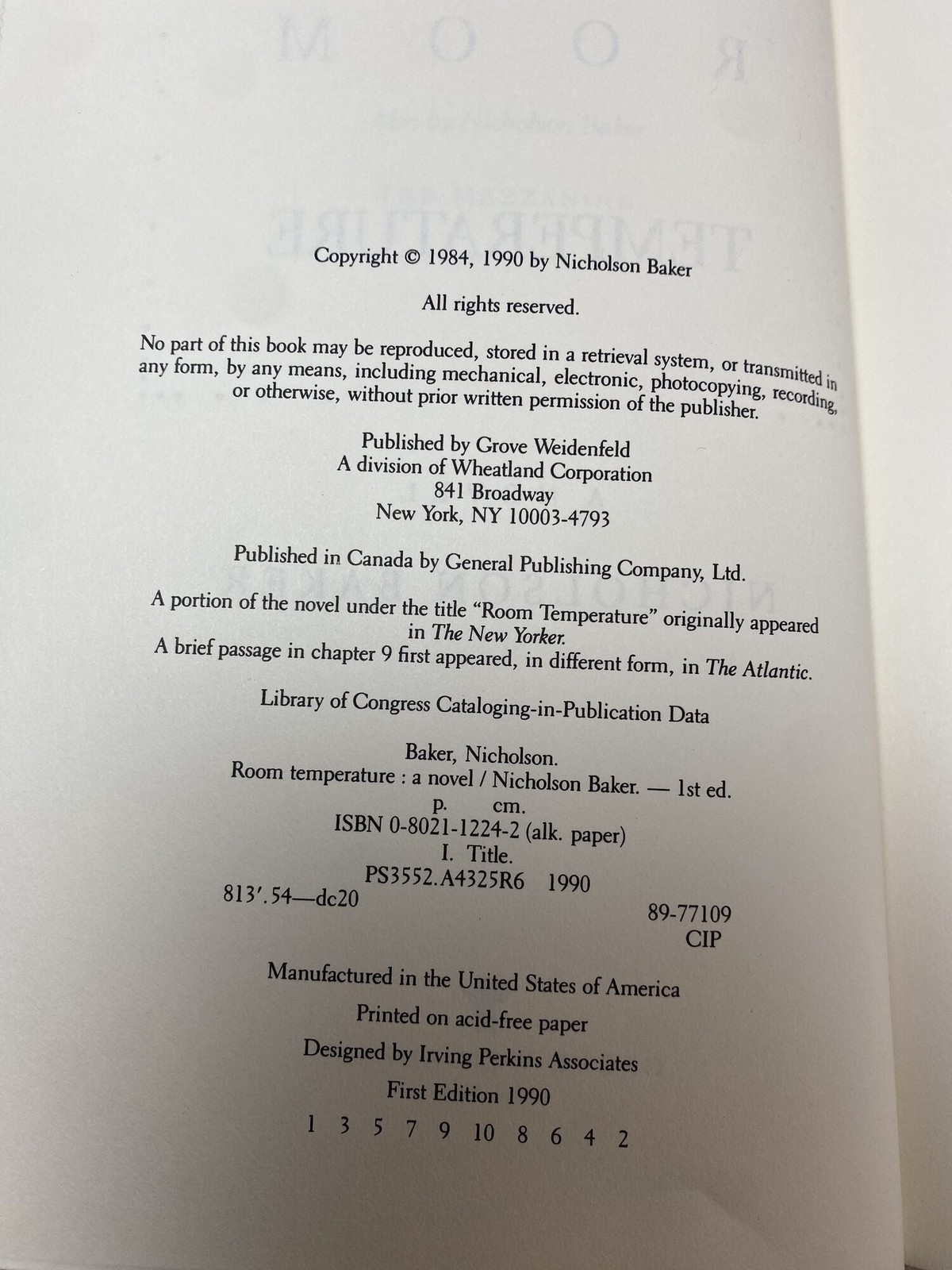 Nicholson Baker / Room Temperature 1st Edition 1990