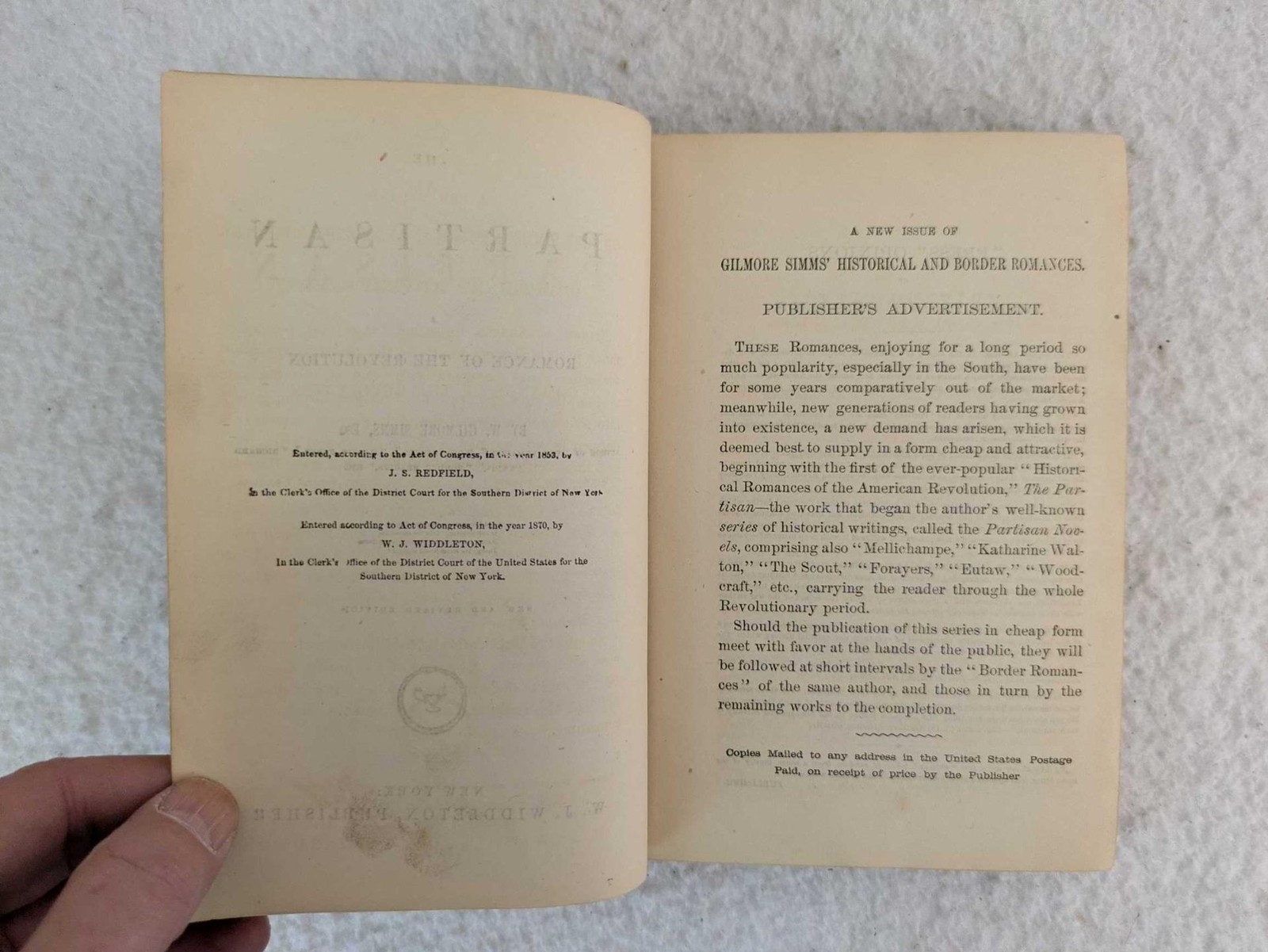 W. Gilmore Simms THE PARTISAN A Romance of the Revolution 1870 W. J. Widdleton