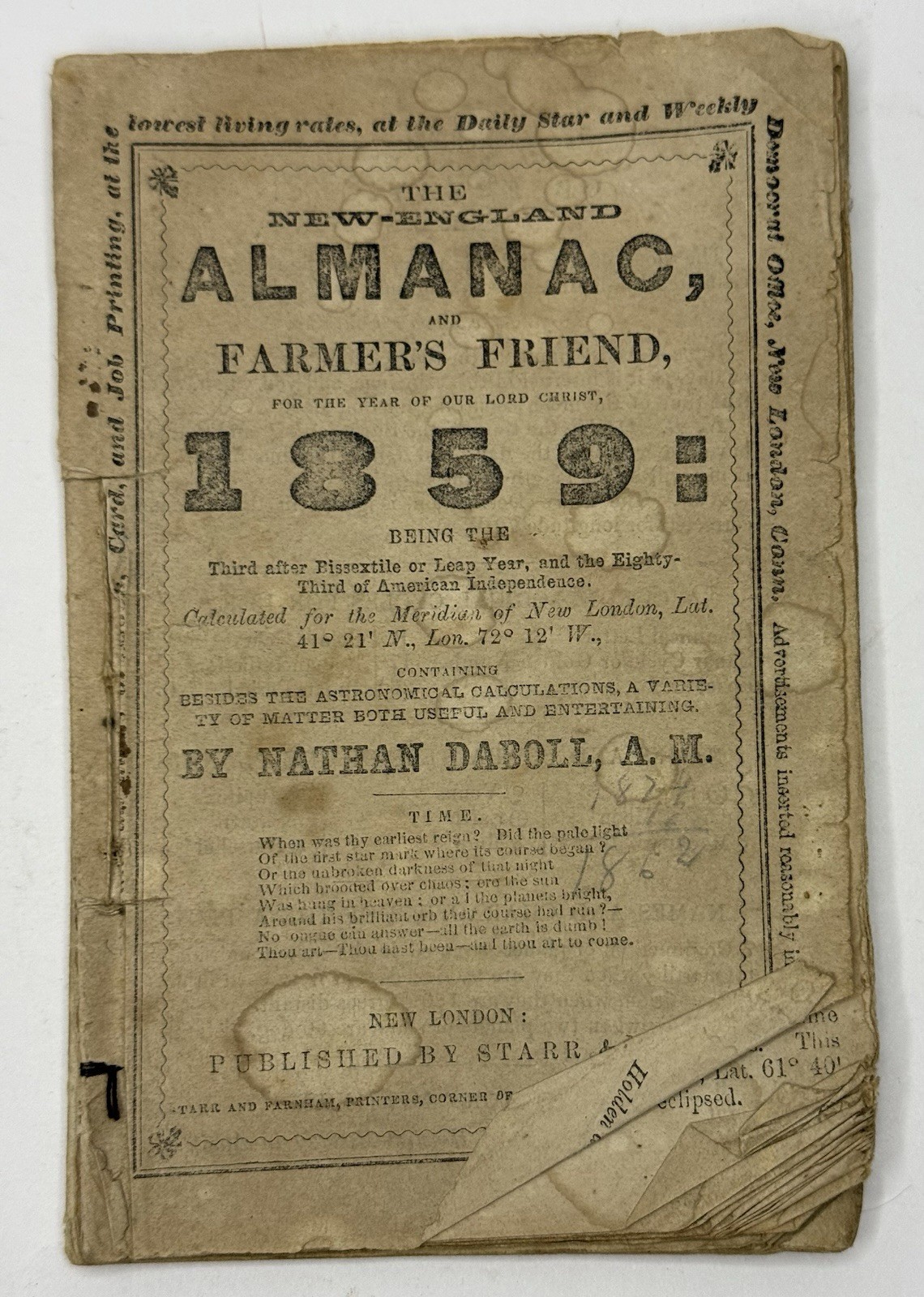 1859 Nathan Daboll New England Almanac Farmer’s Friend New London CT Whaling