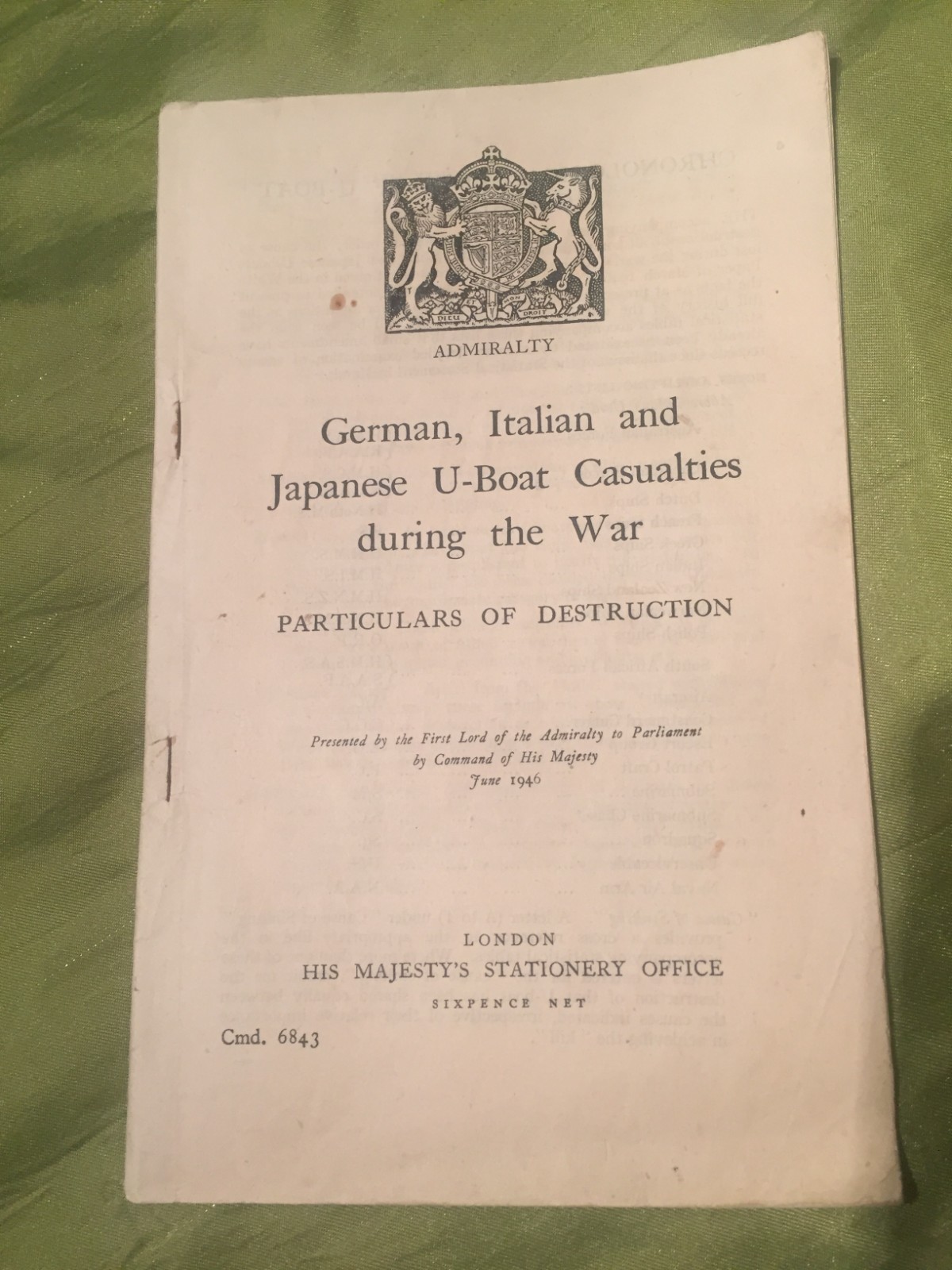 GERMAN, ITALIAN AND JAPANESE U-BOAT CASUALTIES DURING THE WAR – HMSO 1946