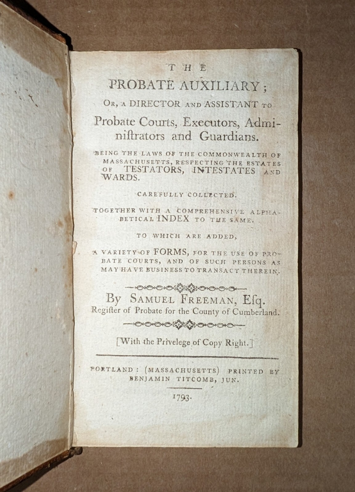 Probate Auxiliary Samuel Freeman 1793 Portland [Maine] imprint free s/h