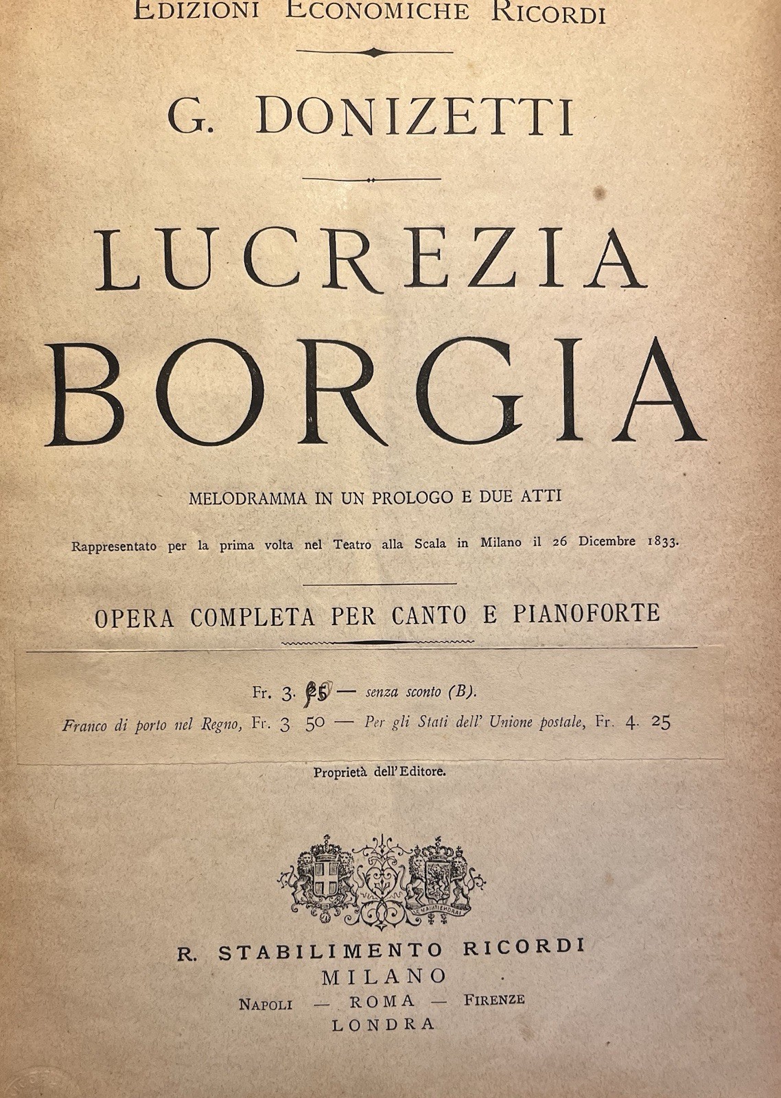 Opera Donizetti’s LUCRETIA BORGIA Milan circa 1890 In Italian 241pp HC