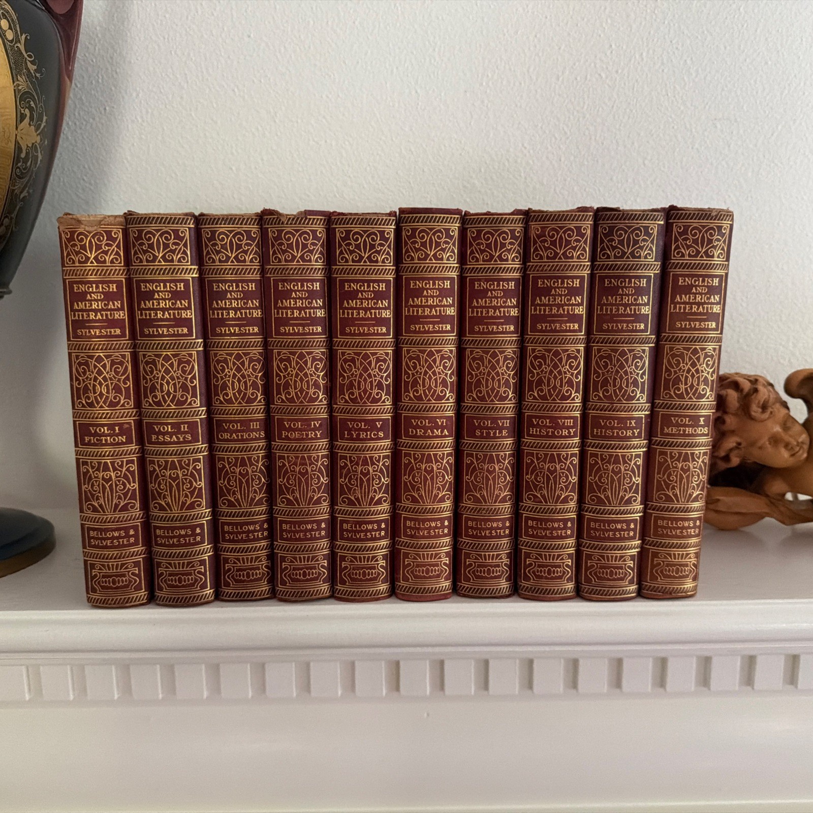 Antique 1907 English & American Literature 10 Volume Ornate Bellows & Sylvester