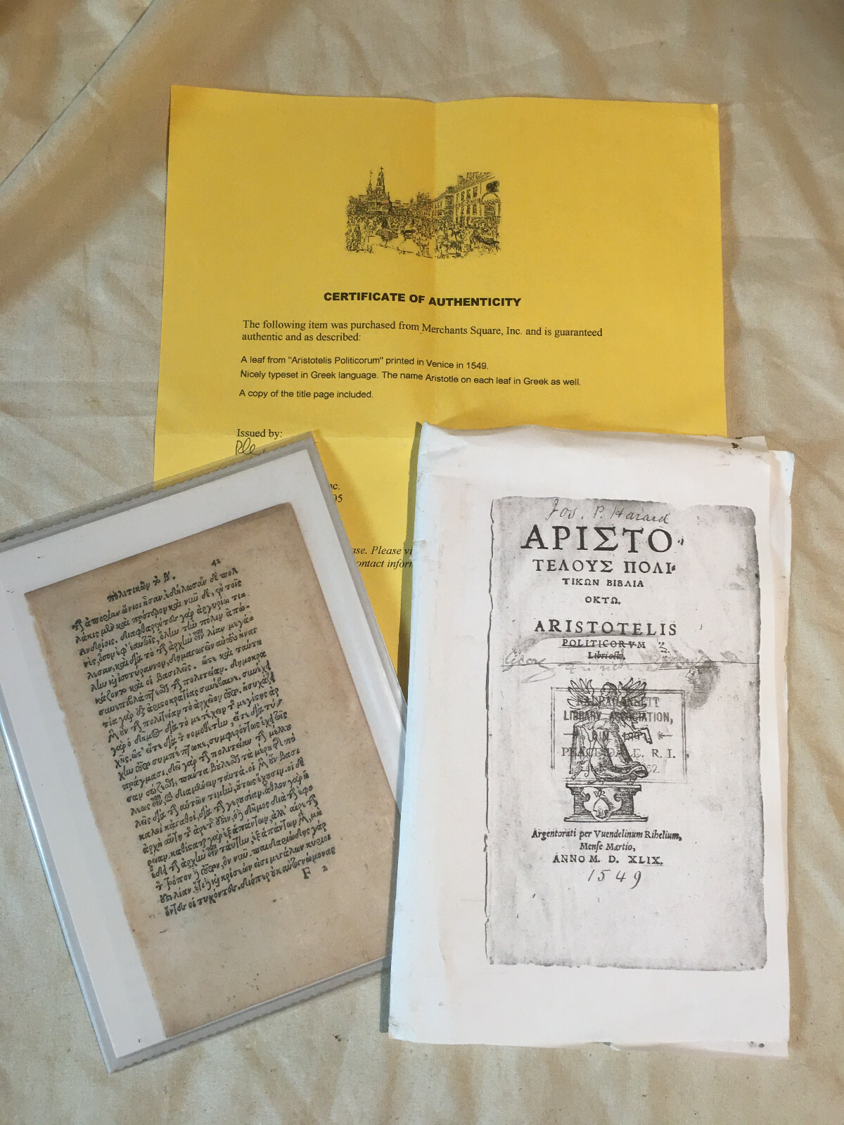 A leaf from „Aristotelis politicorum“ printed in Venice in 1549