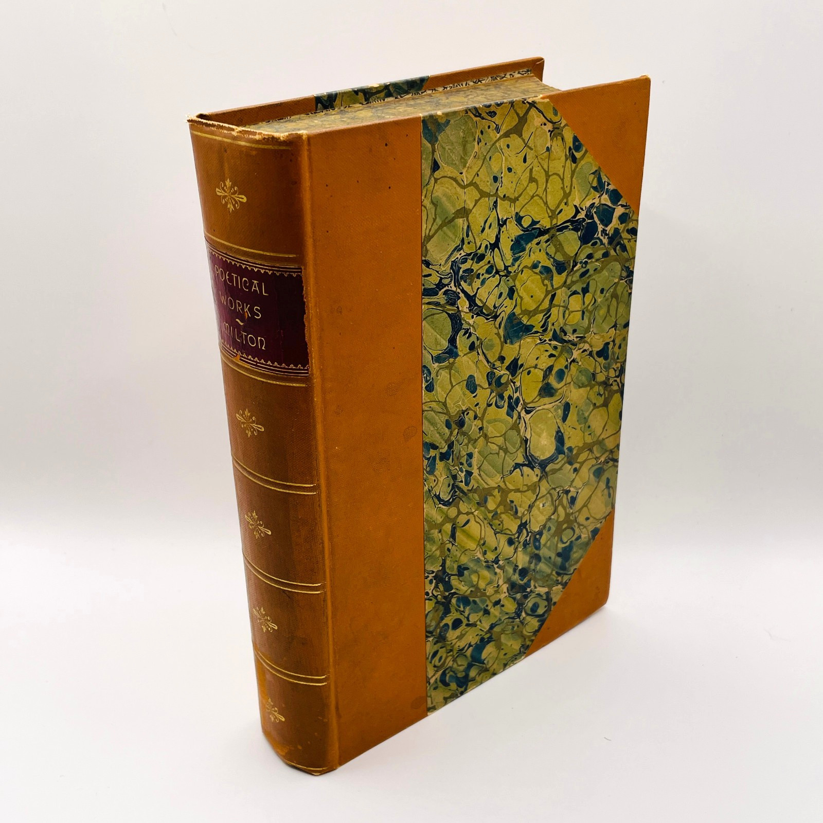 Milton Poetical Works 1895 Leather Decorative Marbled Boards Page Edges