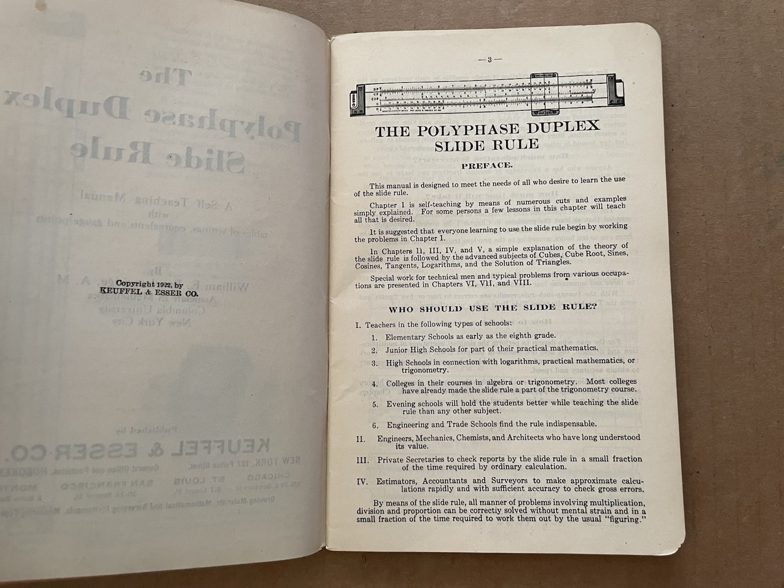Vintage 1922 POLYPHASE DUPLEX Slide Rule Manual Keuffel & Esser Co #6