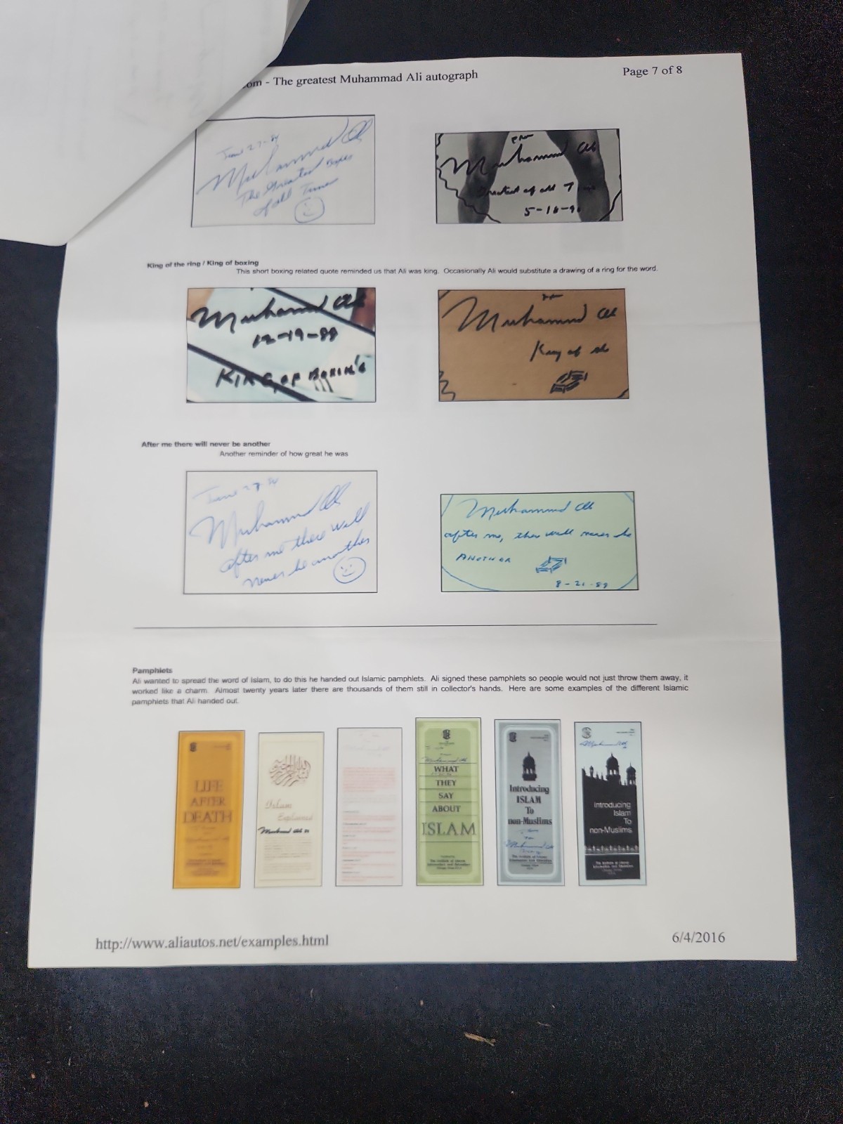 SIGNED BY MUHAMMAD ALI PRAYER AND AL ISLAM ISLAMIC PRAYER GUIDE 1982