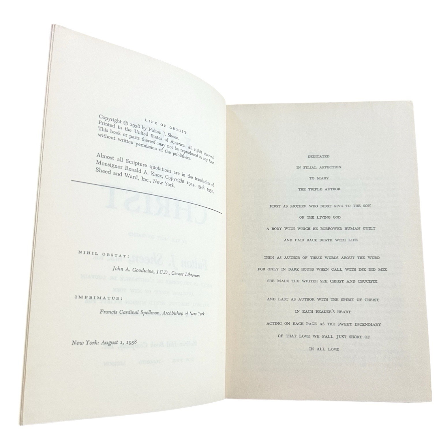 Life of Christ by Fulton J. Sheen 1958 First Edition McGraw-Hill Hardcover VNTG