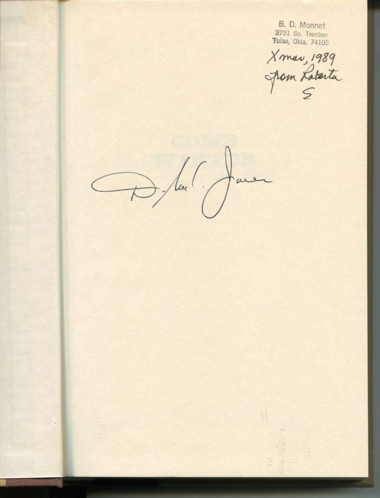 Douglas C Jones / Come Winter Signed 1st Edition 1989