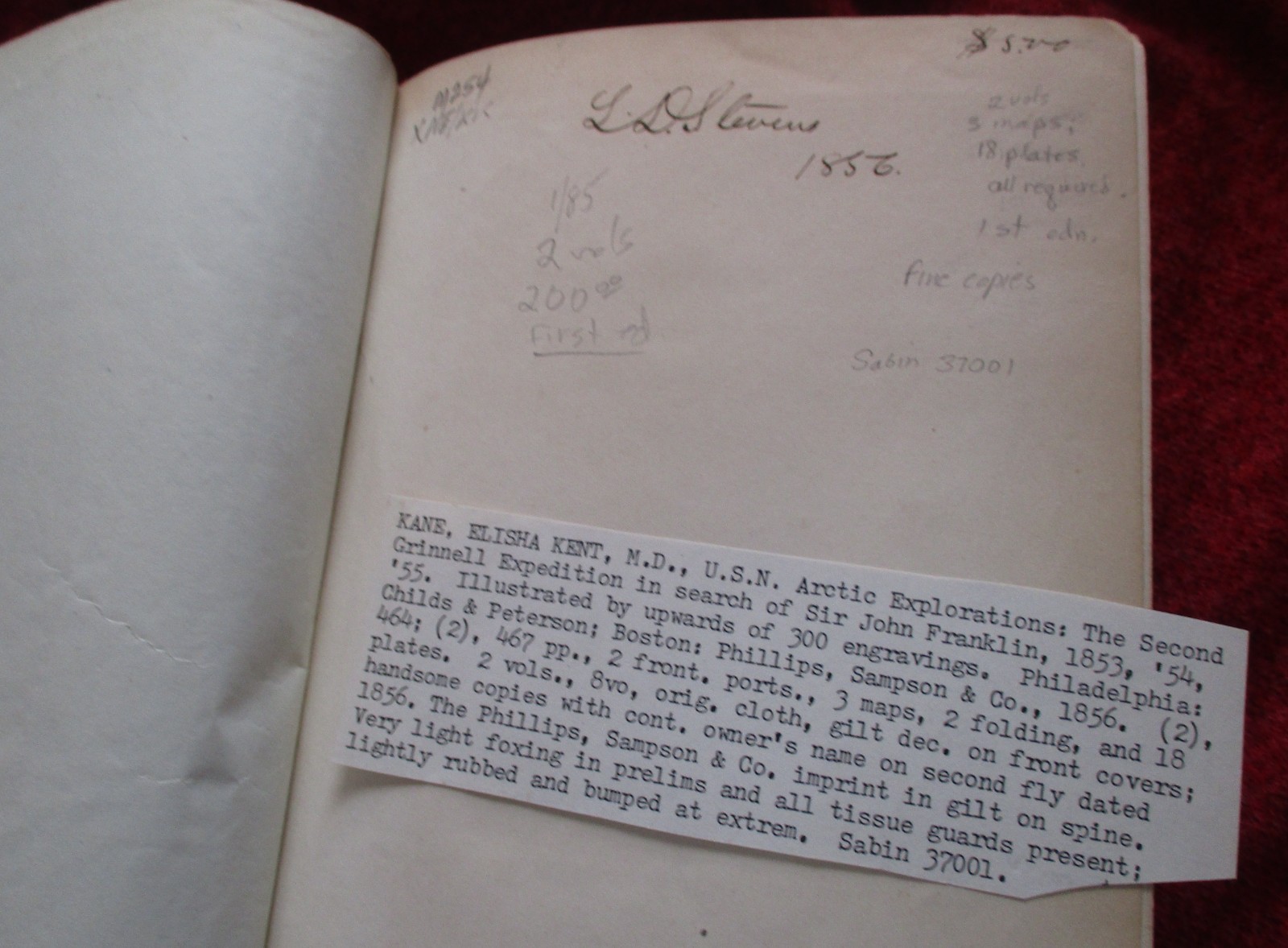 1857 Elisha Kane Arctic Explorations 2 Vol Sir John Franklin Antique Book G-VG