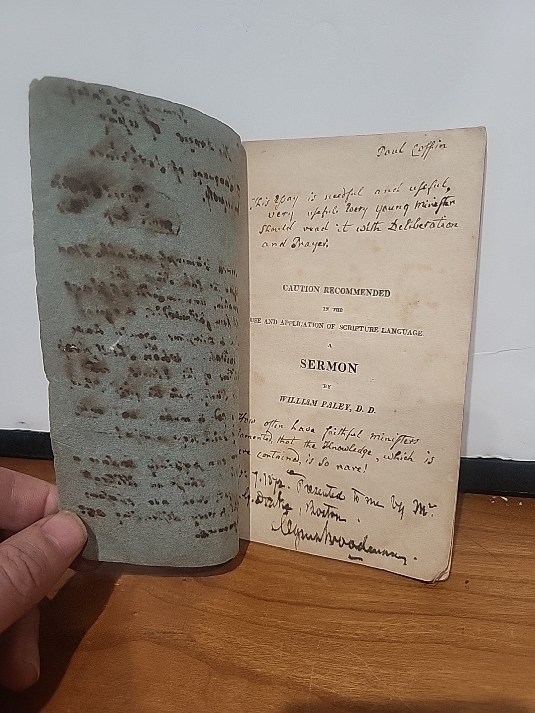 1818 Paley Sermon PAUL COFFIN Signed & Annotated – S.G. Drake to Cyrus Woodman