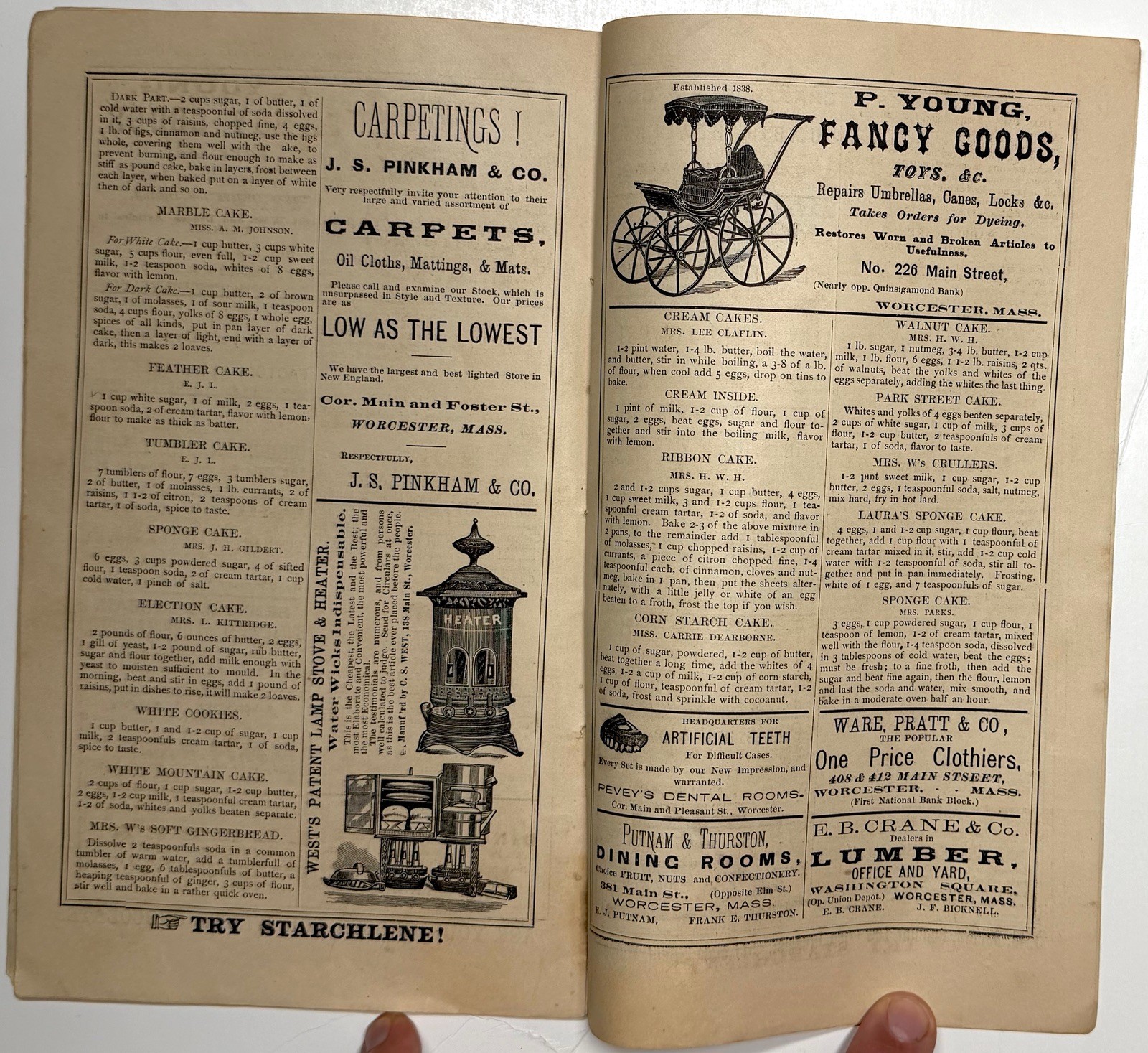 1878 WORCESTER HOUSEKEEPERS ASSISTANT METHODIST COOKBOOK CHRISTMAS FAIR ADS MASS