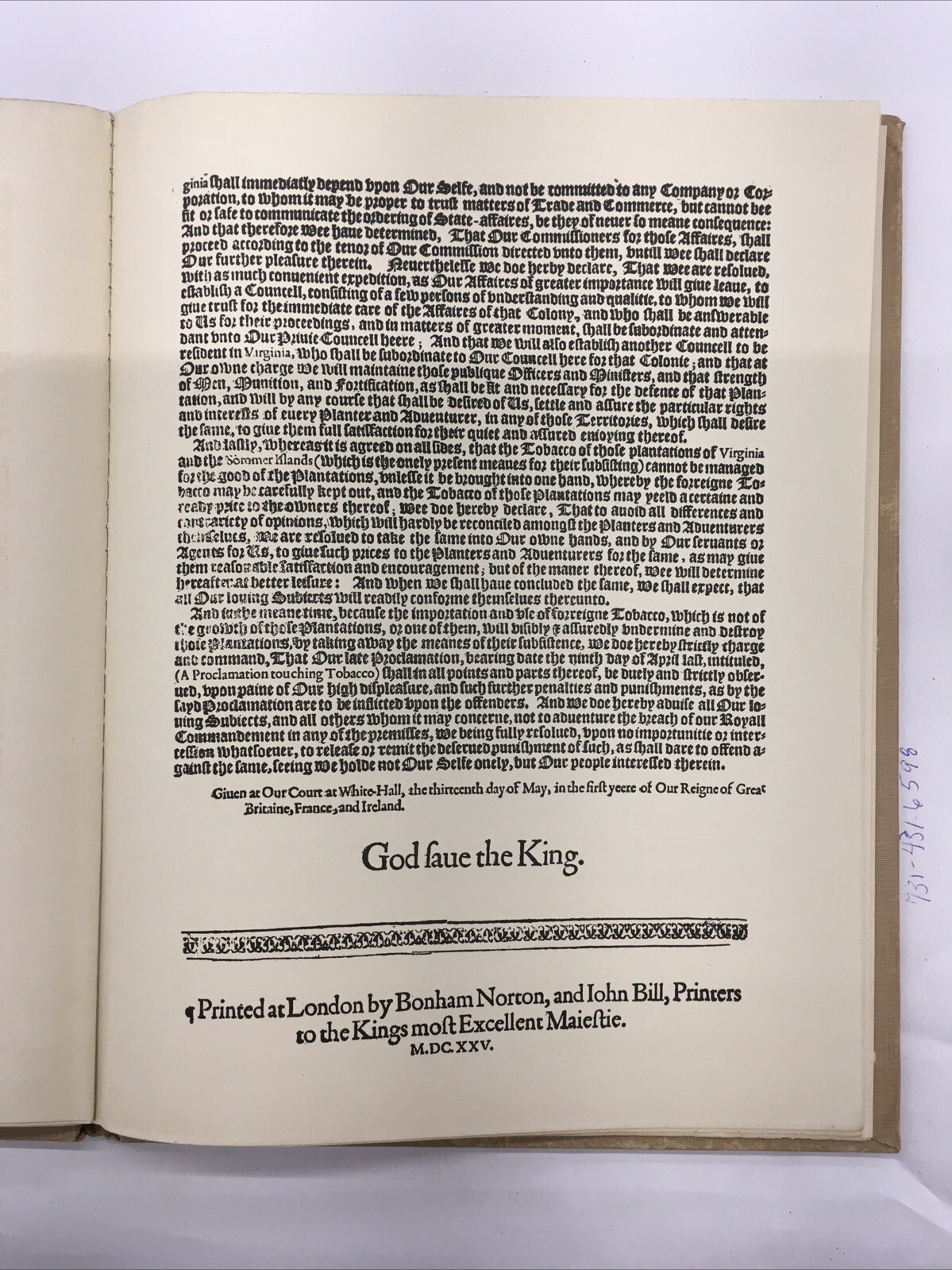 A Proclamation for Settling the Plantation of Virginia 1625, Copyright 1946 Book