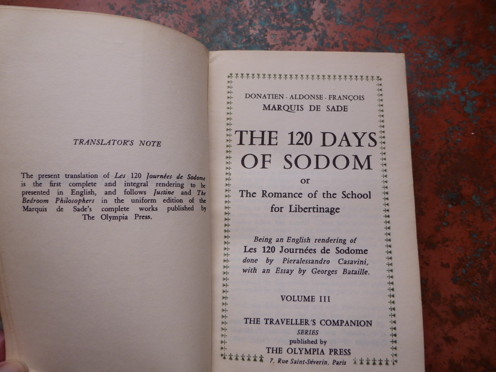 120 Days of Sodom Vol III 1962 Marquis de Sade Olympia Press Book Traveller’s