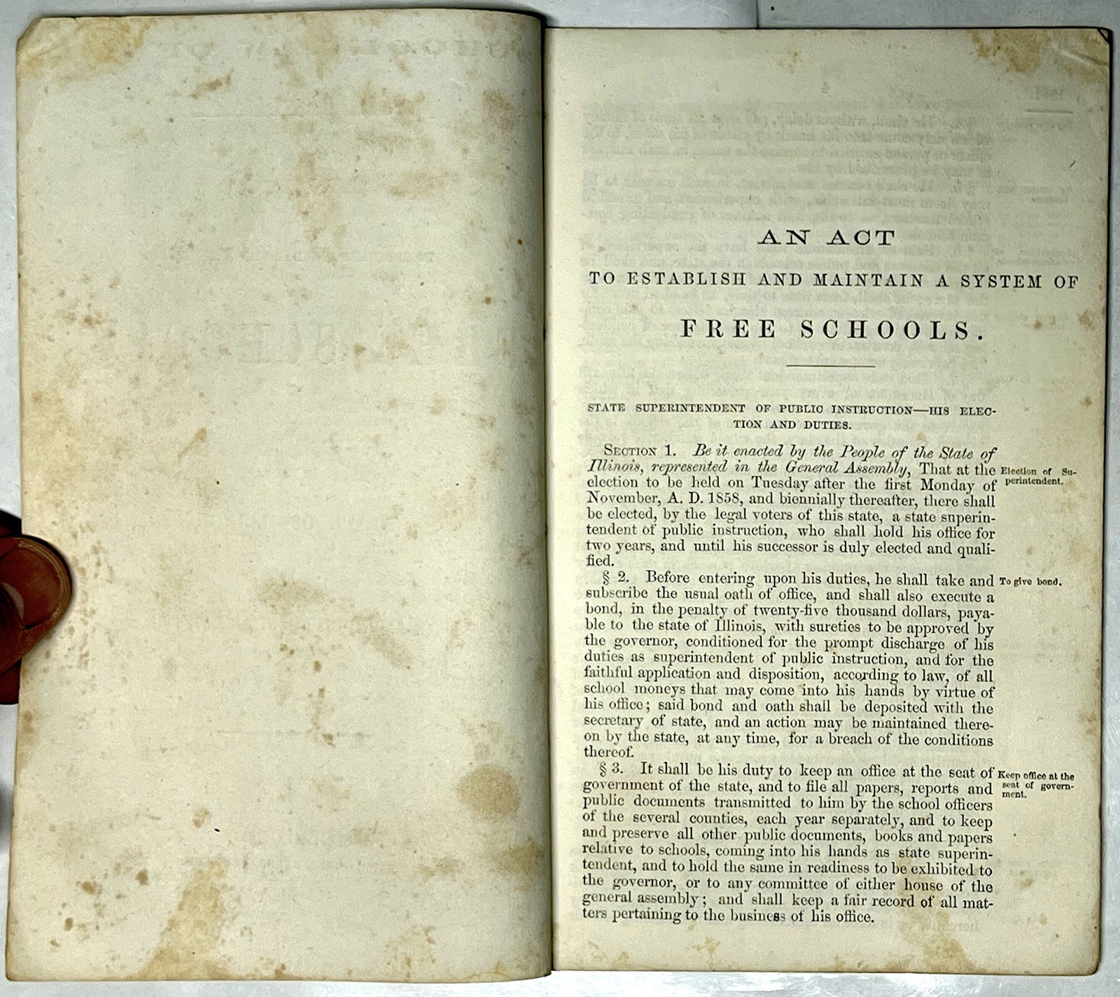 1861 STATE ILLINOIS LAW ACT ESTABLISH MAINTAIN FREE SCHOOLS CIVIL WAR 1ST RARE